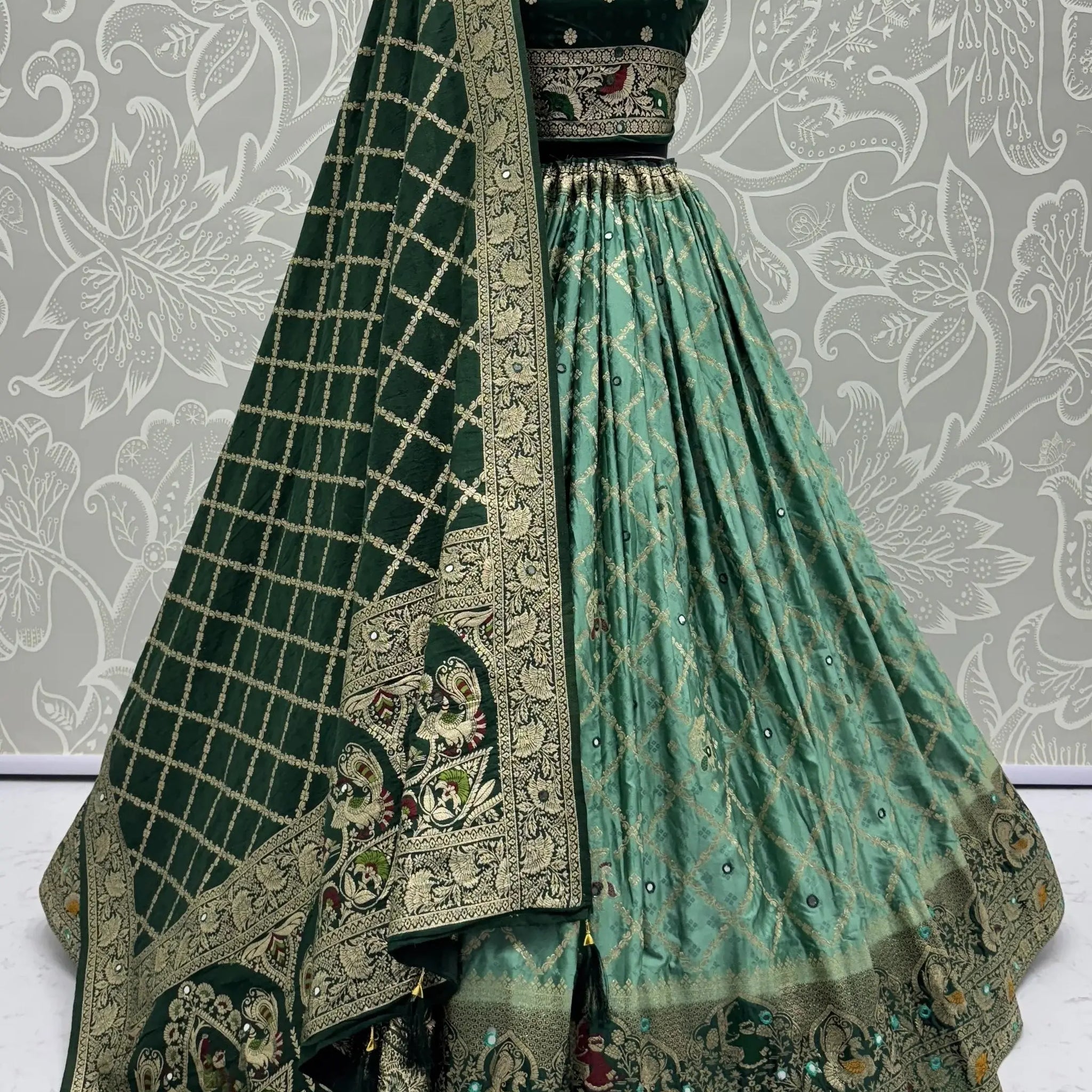 Enchanting Sea Green Mirror Work Georgette Festive Wear Lehenga With Blouse