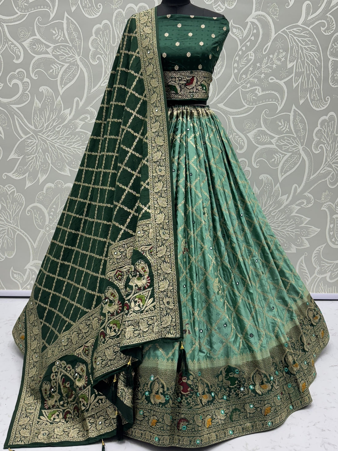 Enchanting Sea Green Mirror Work Georgette Festive Wear Lehenga With Blouse