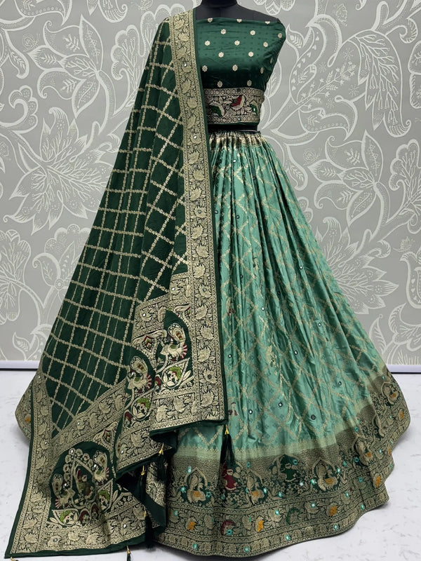 Enchanting Sea Green Mirror Work Georgette Festive Wear Lehenga With Blouse