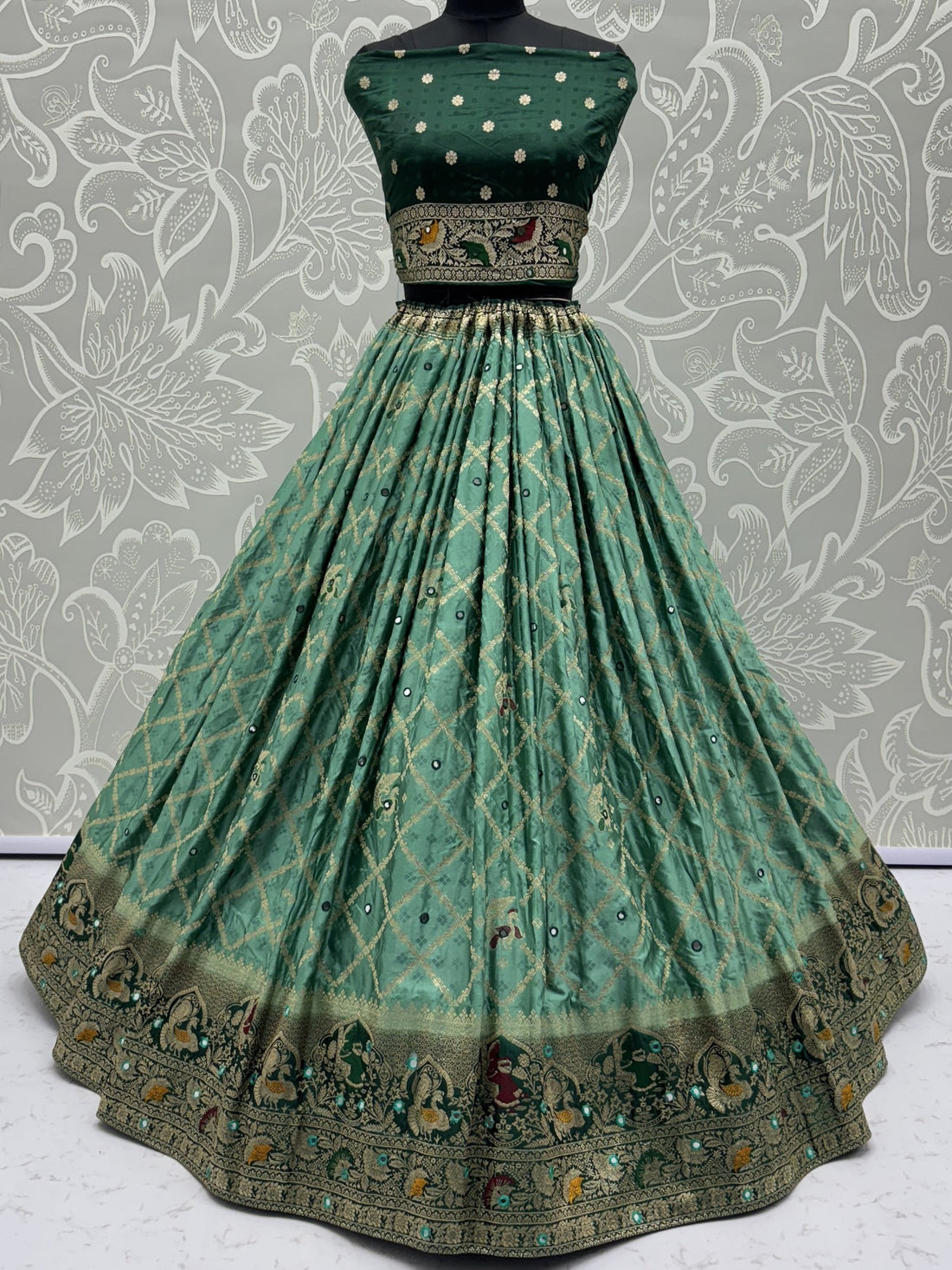 Enchanting Sea Green Mirror Work Georgette Festive Wear Lehenga With Blouse