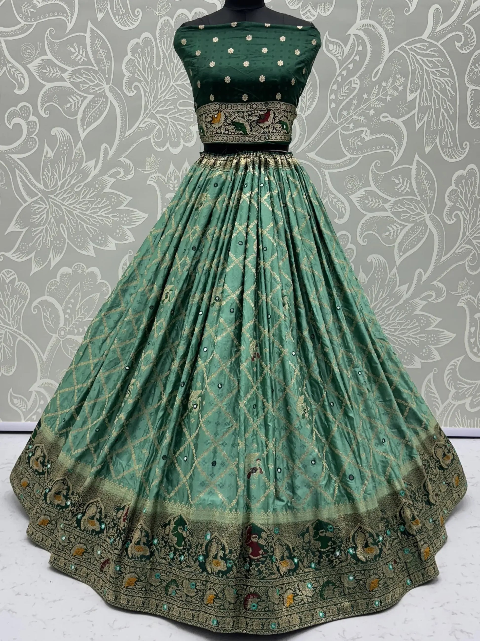 Enchanting Sea Green Mirror Work Georgette Festive Wear Lehenga With Blouse