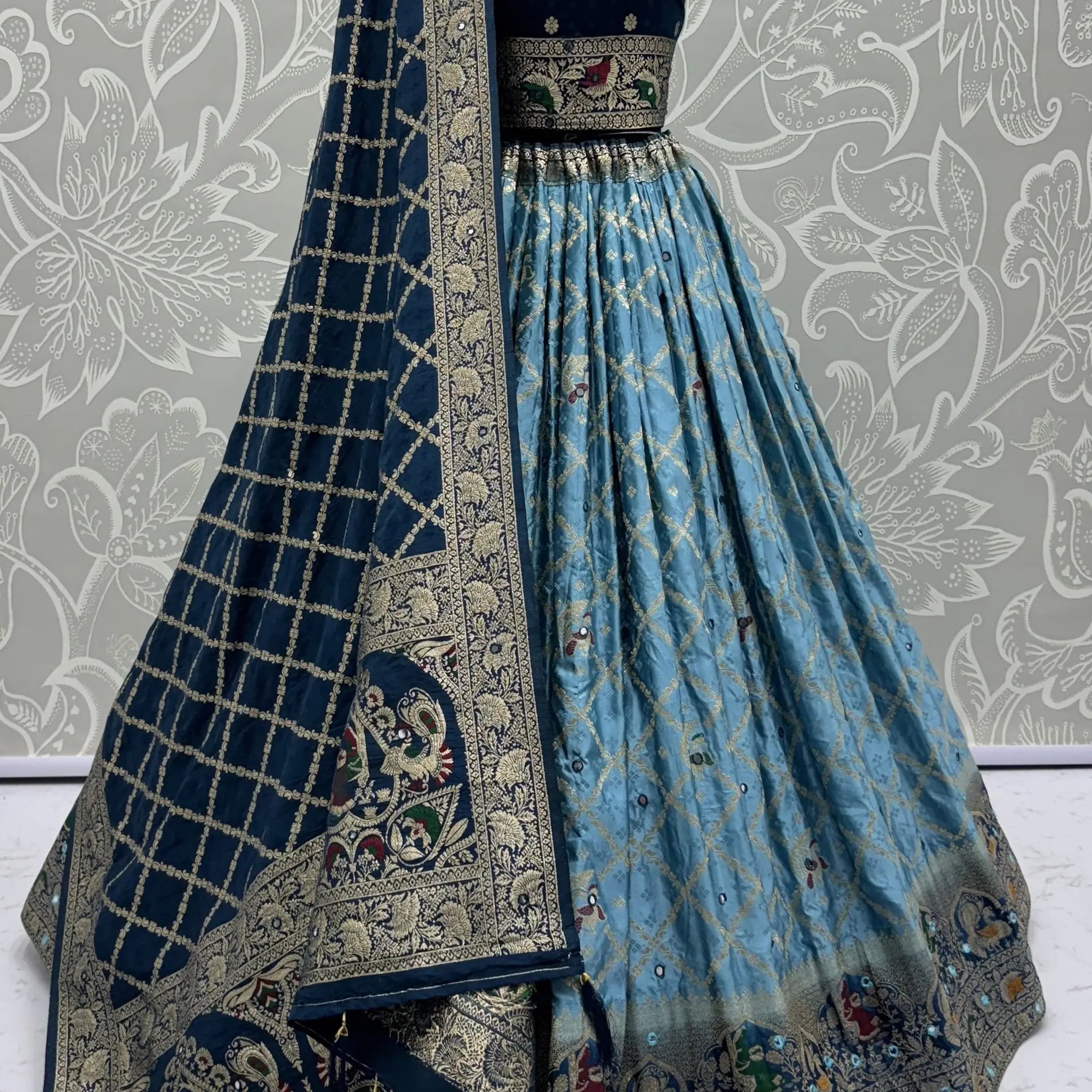 Fantastic Sky-Blue Zari Weaving Georgette Engagement Wear Lehenga Choli