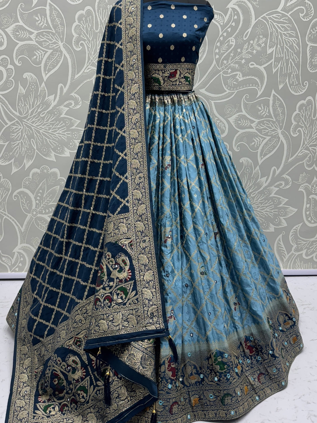 Fantastic Sky-Blue Zari Weaving Georgette Engagement Wear Lehenga Choli