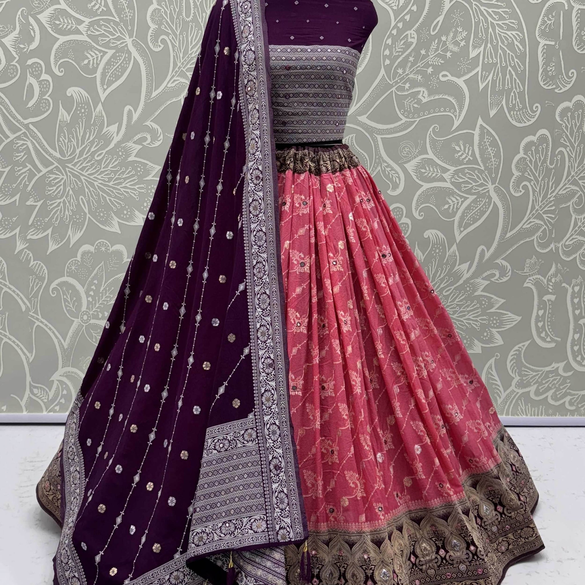 Phenomenal Pink Mirror Work Georgette Festive Wear Lehenga Choli