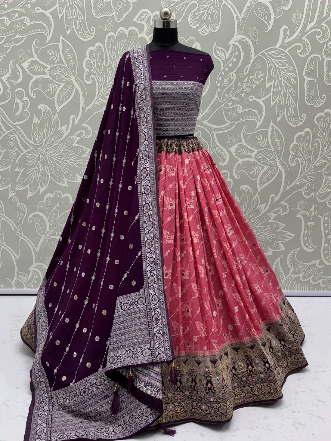 Phenomenal Pink Mirror Work Georgette Festive Wear Lehenga Choli