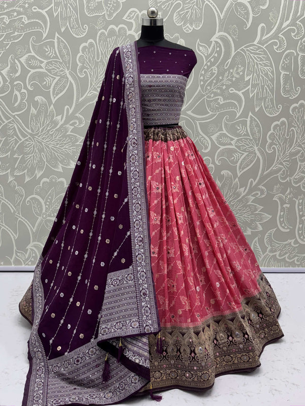 Phenomenal Pink Mirror Work Georgette Festive Wear Lehenga Choli
