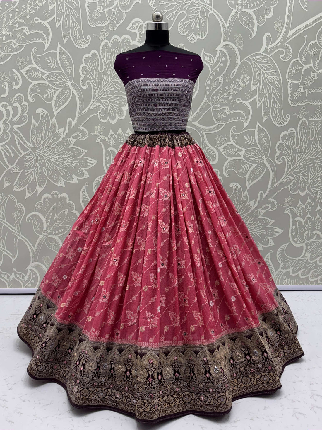 Phenomenal Pink Mirror Work Georgette Festive Wear Lehenga Choli