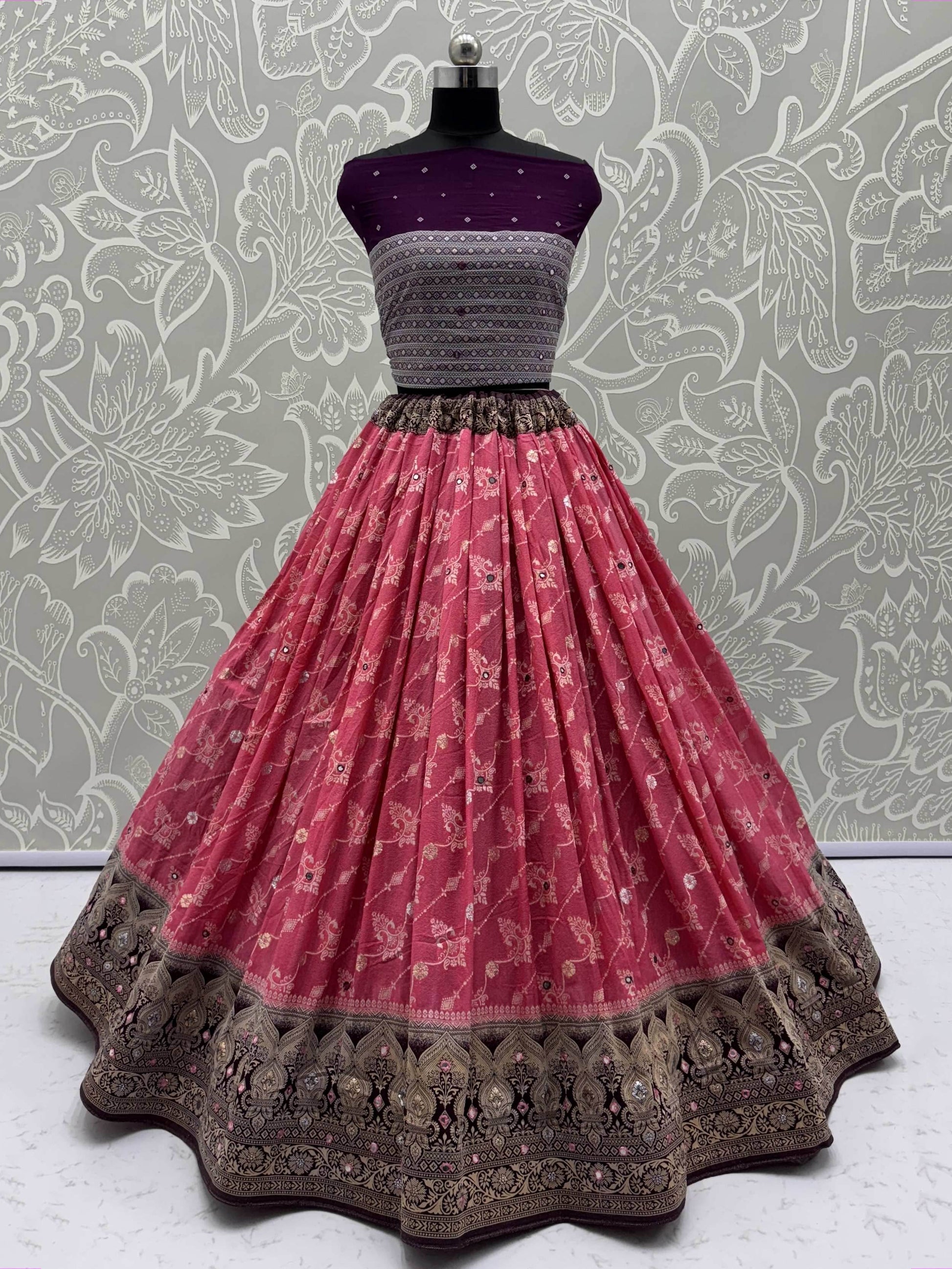 Phenomenal Pink Mirror Work Georgette Festive Wear Lehenga Choli