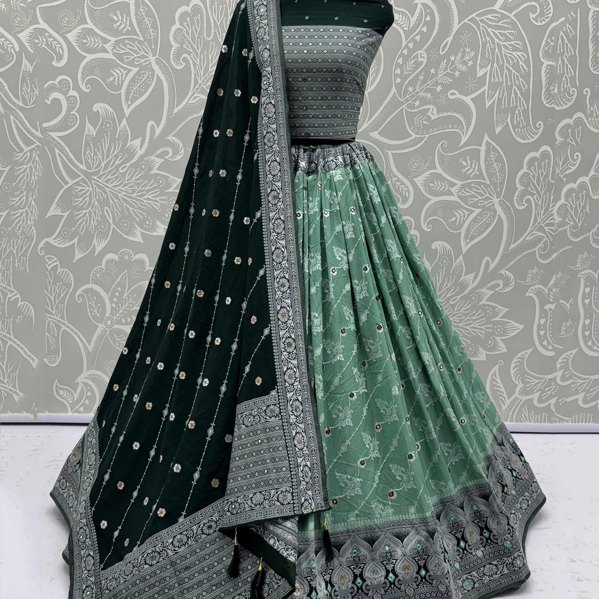 Glorious Sea Green Zari Weaving Georgette Mehendi Wear Lehenga With Blouse