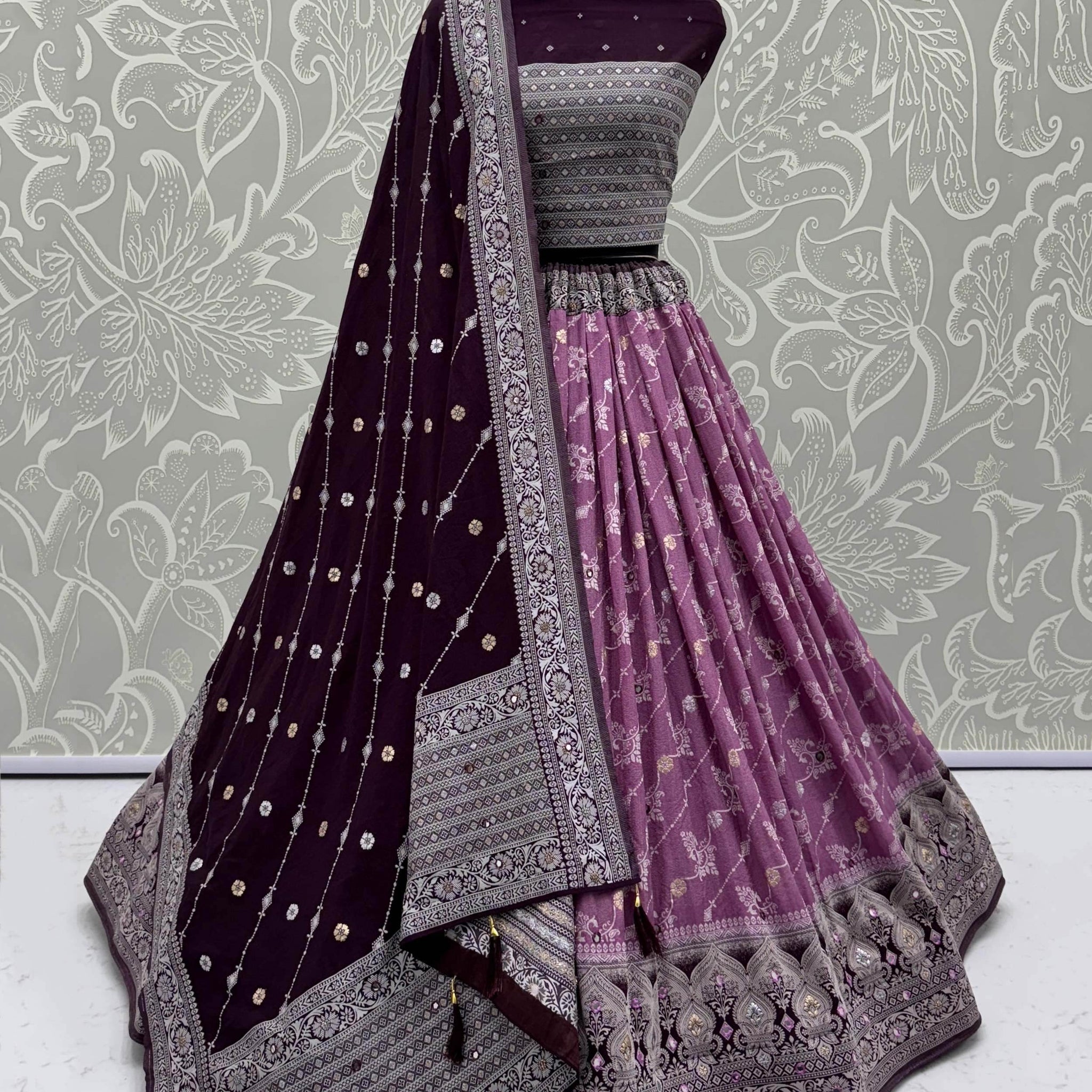 Wonderful Purple Mirror Work Traditional Lehenga Choli With Banarasi Dupatta