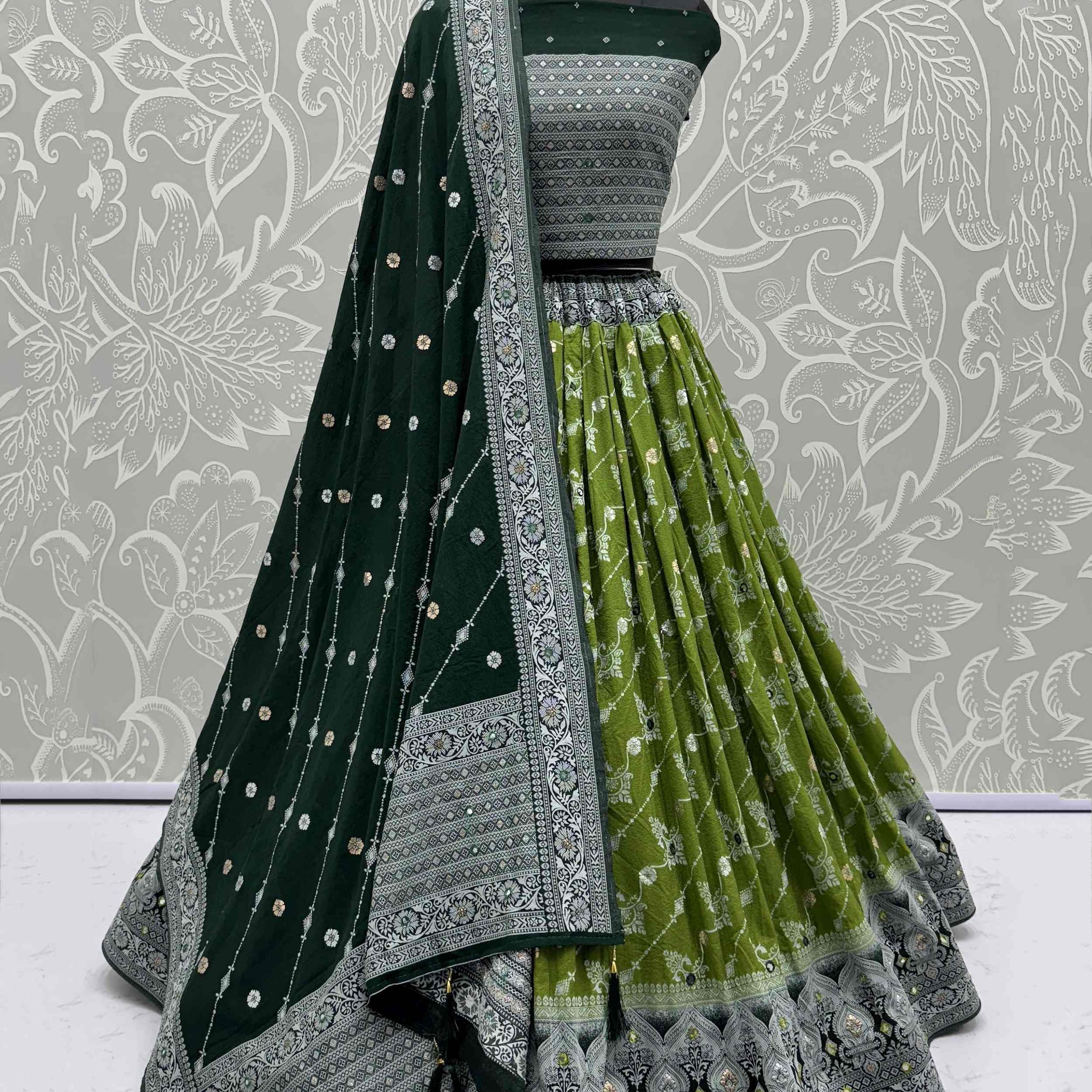 Artistic Olive Green Zari Weaving Wedding Wear Lehenga Choli With Dupatta