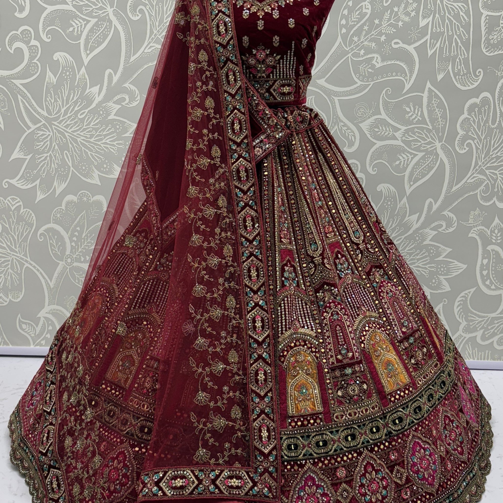Excellent Maroon Zircon Work Velvet Bridal Lehenga Choli With Double Dupatta
