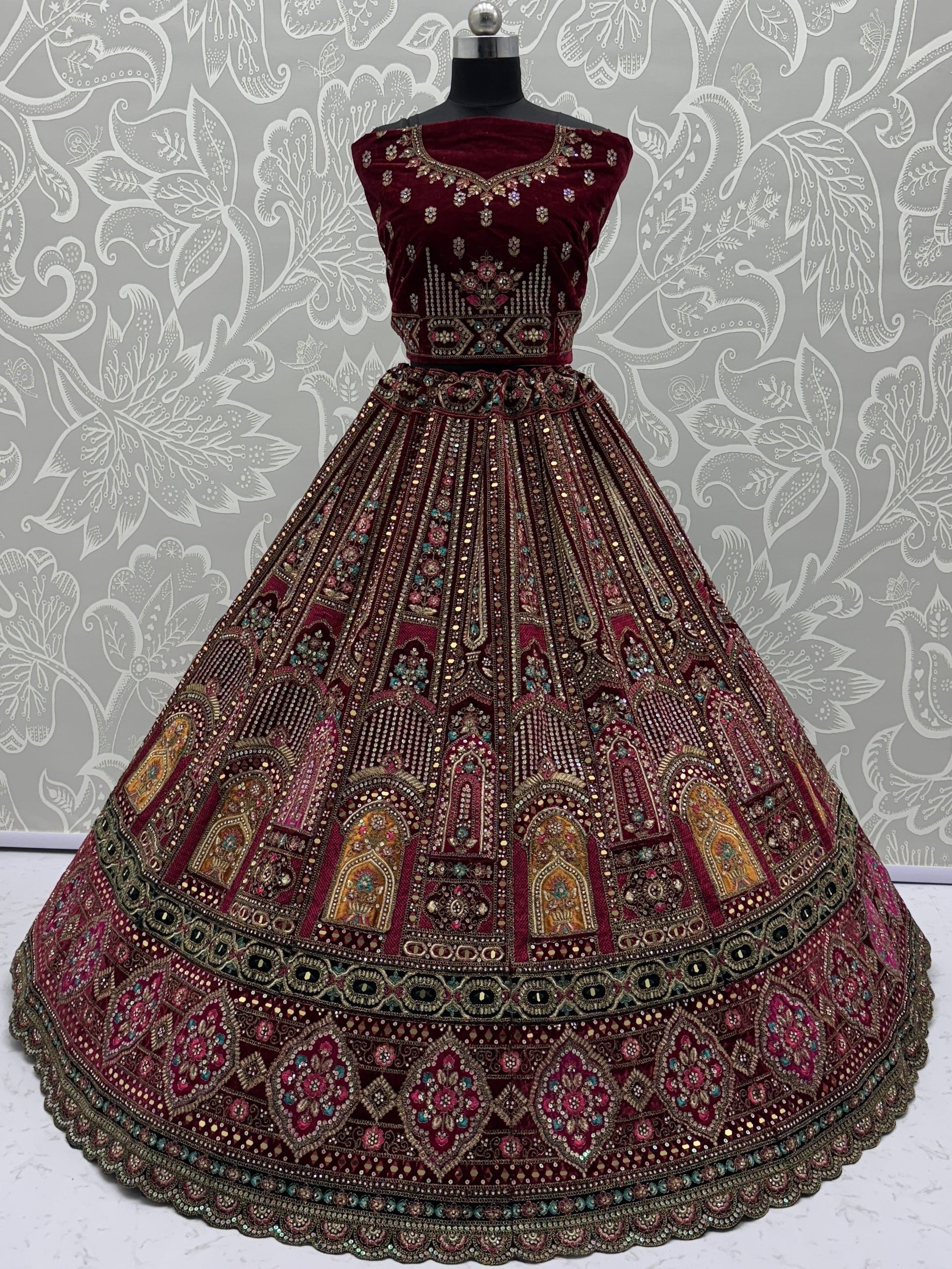 Excellent Maroon Zircon Work Velvet Bridal Lehenga Choli With Double Dupatta