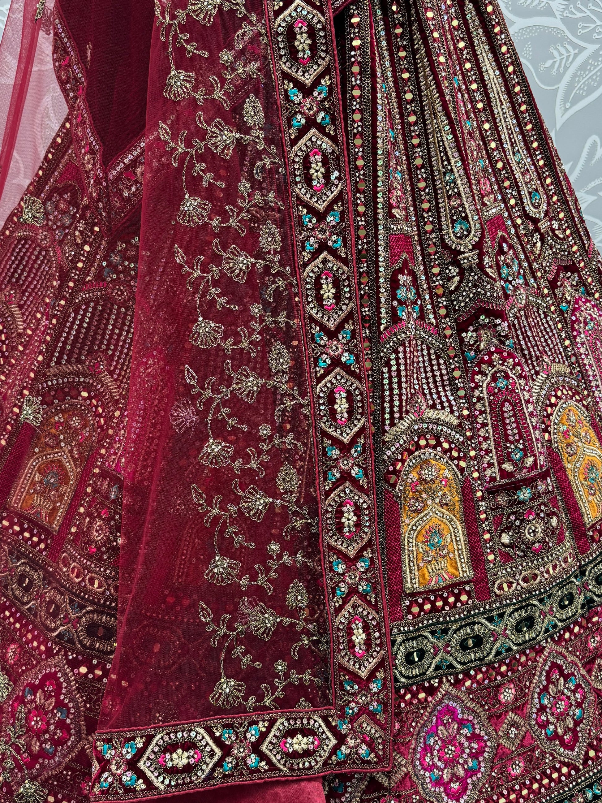 Excellent Maroon Zircon Work Velvet Bridal Lehenga Choli With Double Dupatta