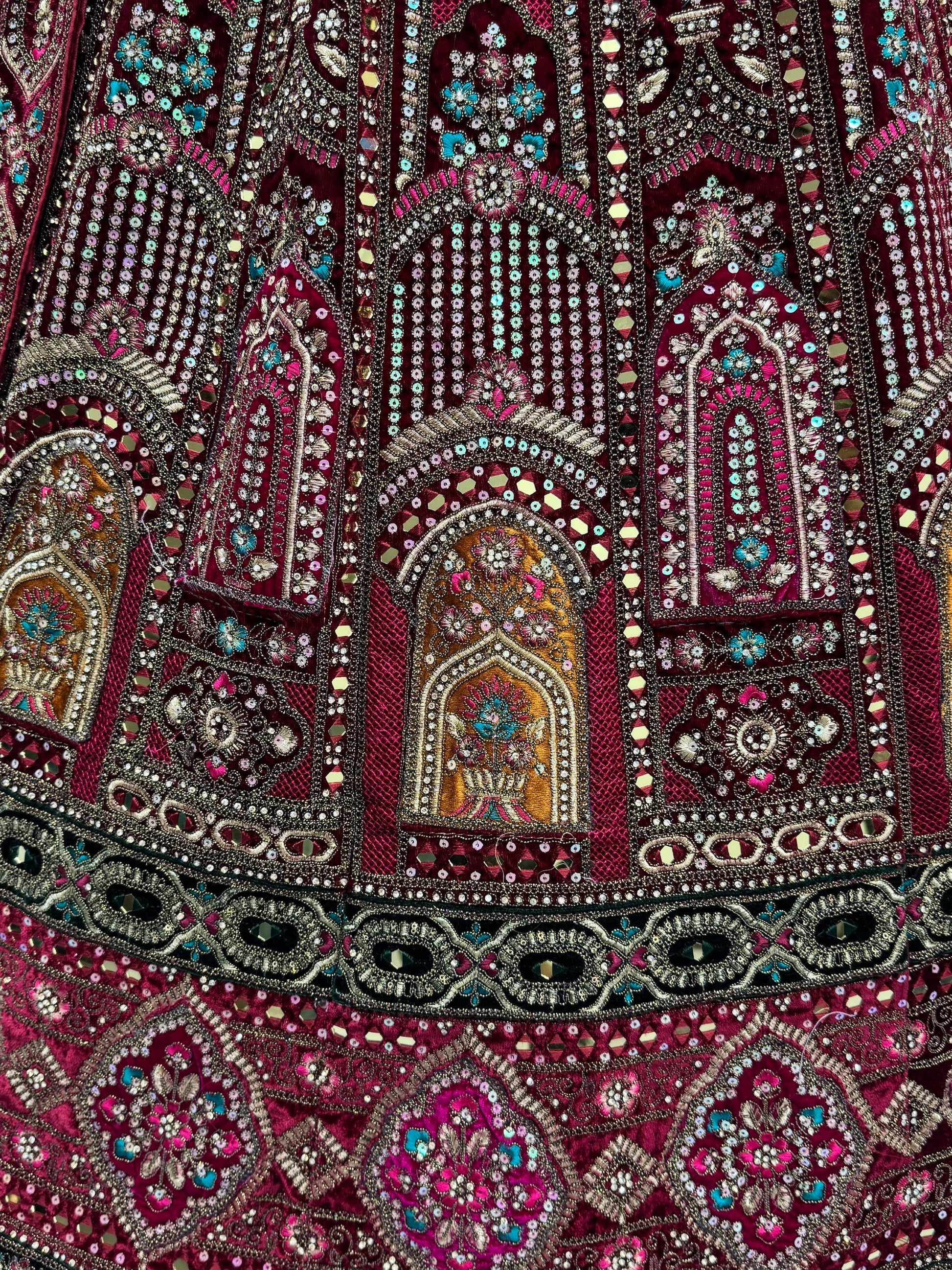 Excellent Maroon Zircon Work Velvet Bridal Lehenga Choli With Double Dupatta