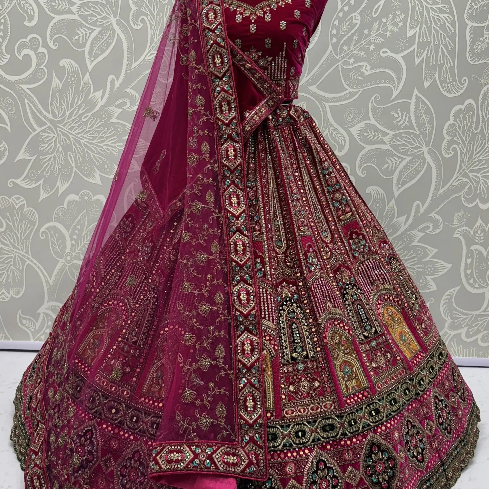 Lavish Pink Multi Thread Work Velvet Bridal Lehenga Choli With Double Dupatta
