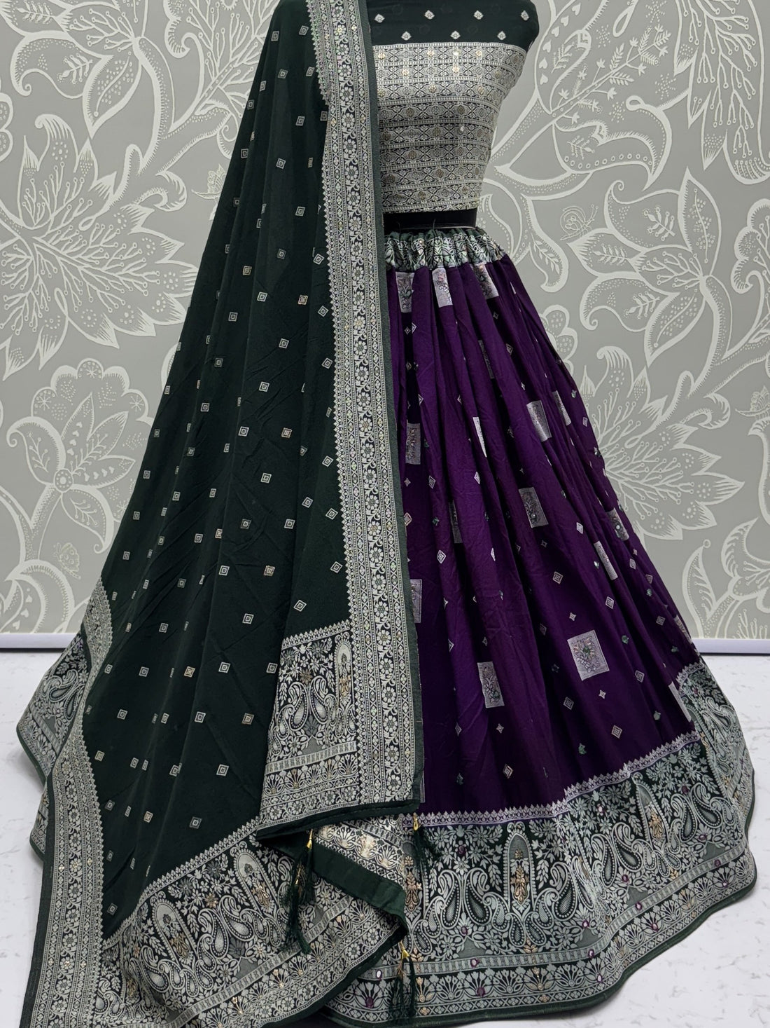 Superb Purple Zari Weaving Georgette Evening Wear Lehenga With Blouse