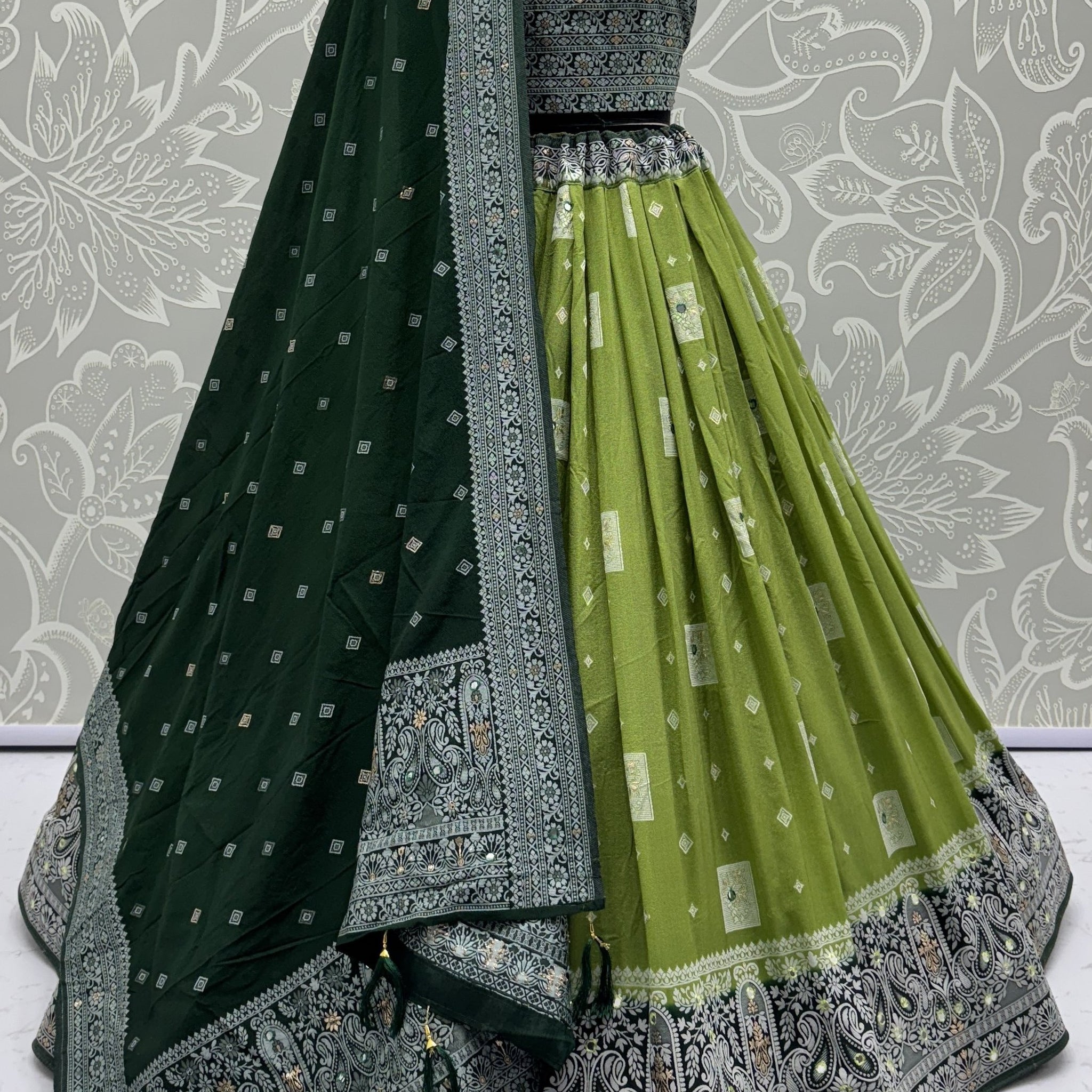 Lovely Olive Green Mirror Work Georgette Lehenga Choli With Dupatta