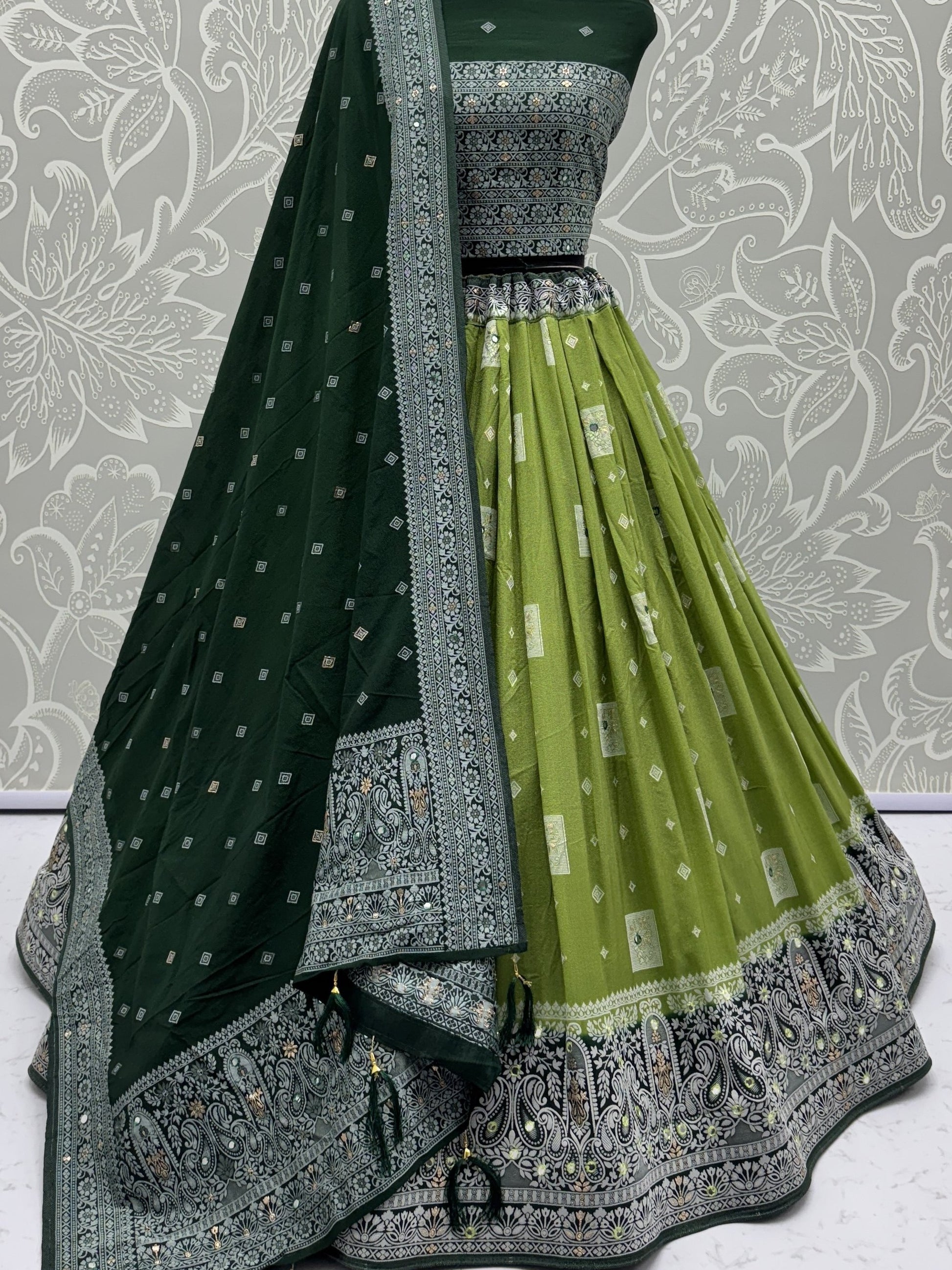 Lovely Olive Green Mirror Work Georgette Lehenga Choli With Dupatta