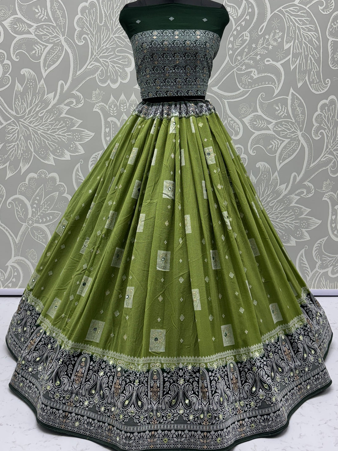 Lovely Olive Green Mirror Work Georgette Lehenga Choli With Dupatta