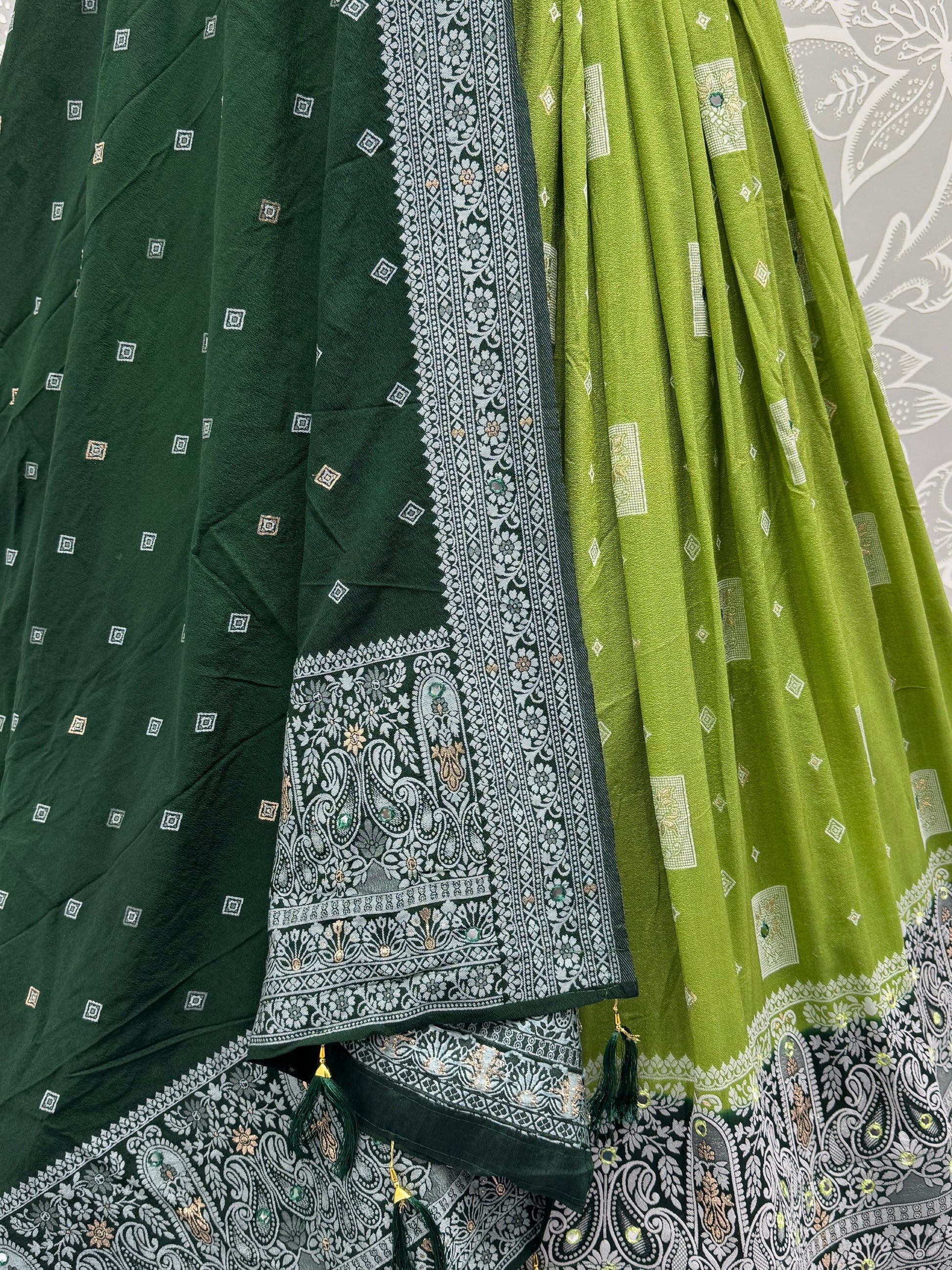 Lovely Olive Green Mirror Work Georgette Lehenga Choli With Dupatta