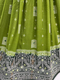 Lovely Olive Green Mirror Work Georgette Lehenga Choli With Dupatta