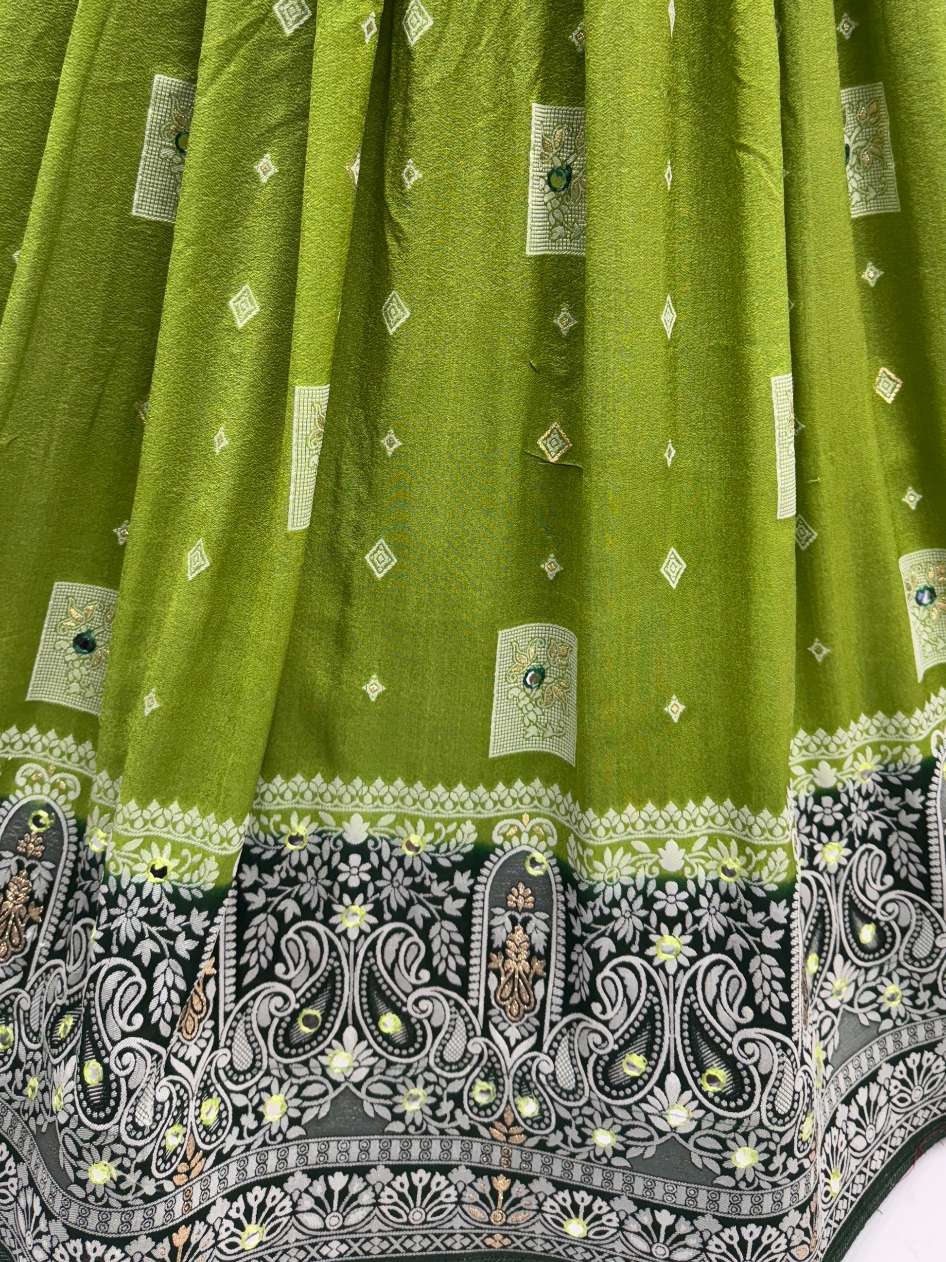 Lovely Olive Green Mirror Work Georgette Lehenga Choli With Dupatta