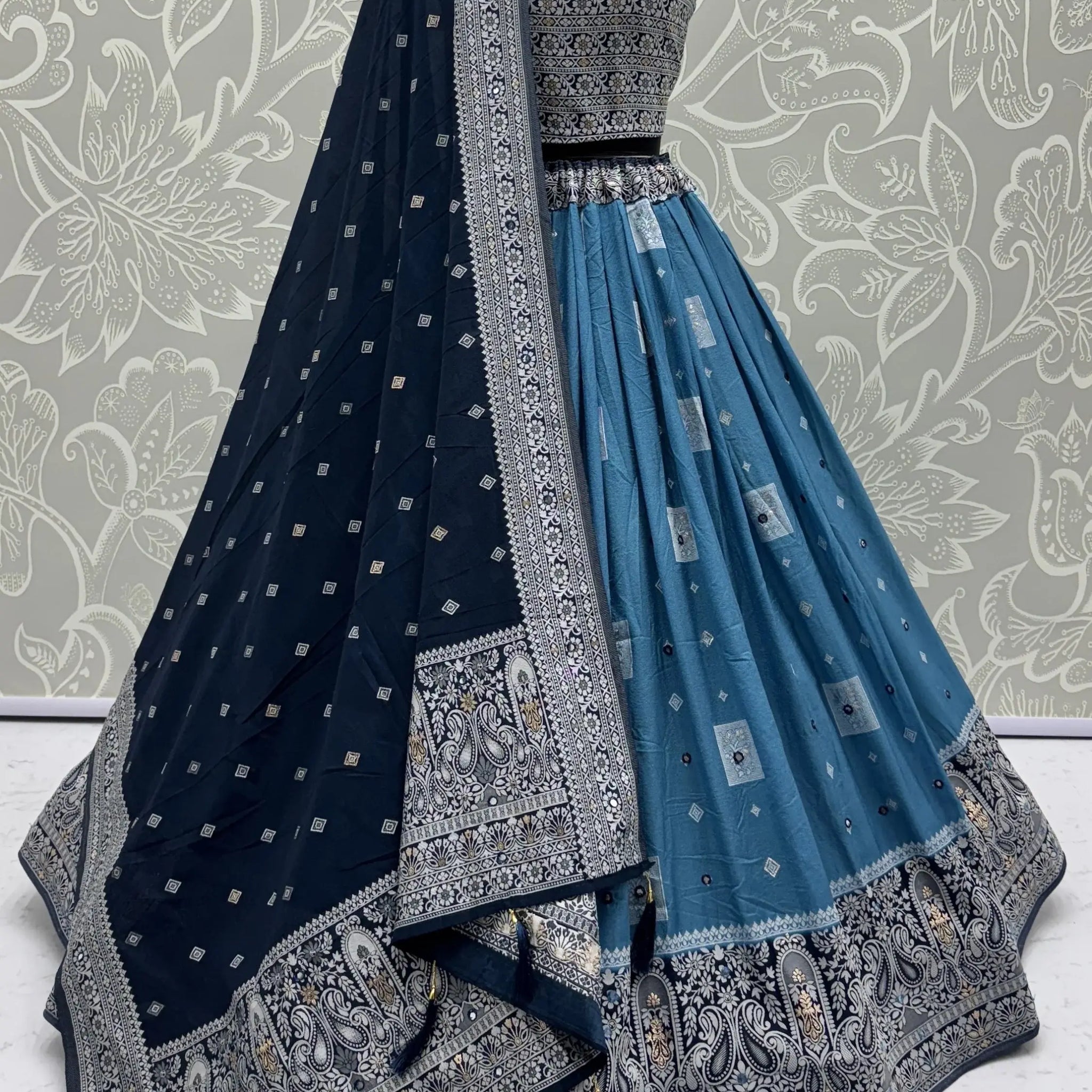 Timeless Sky Blue Mirror Work Georgette Festive Wear Lehenga Choli With Dupatta
