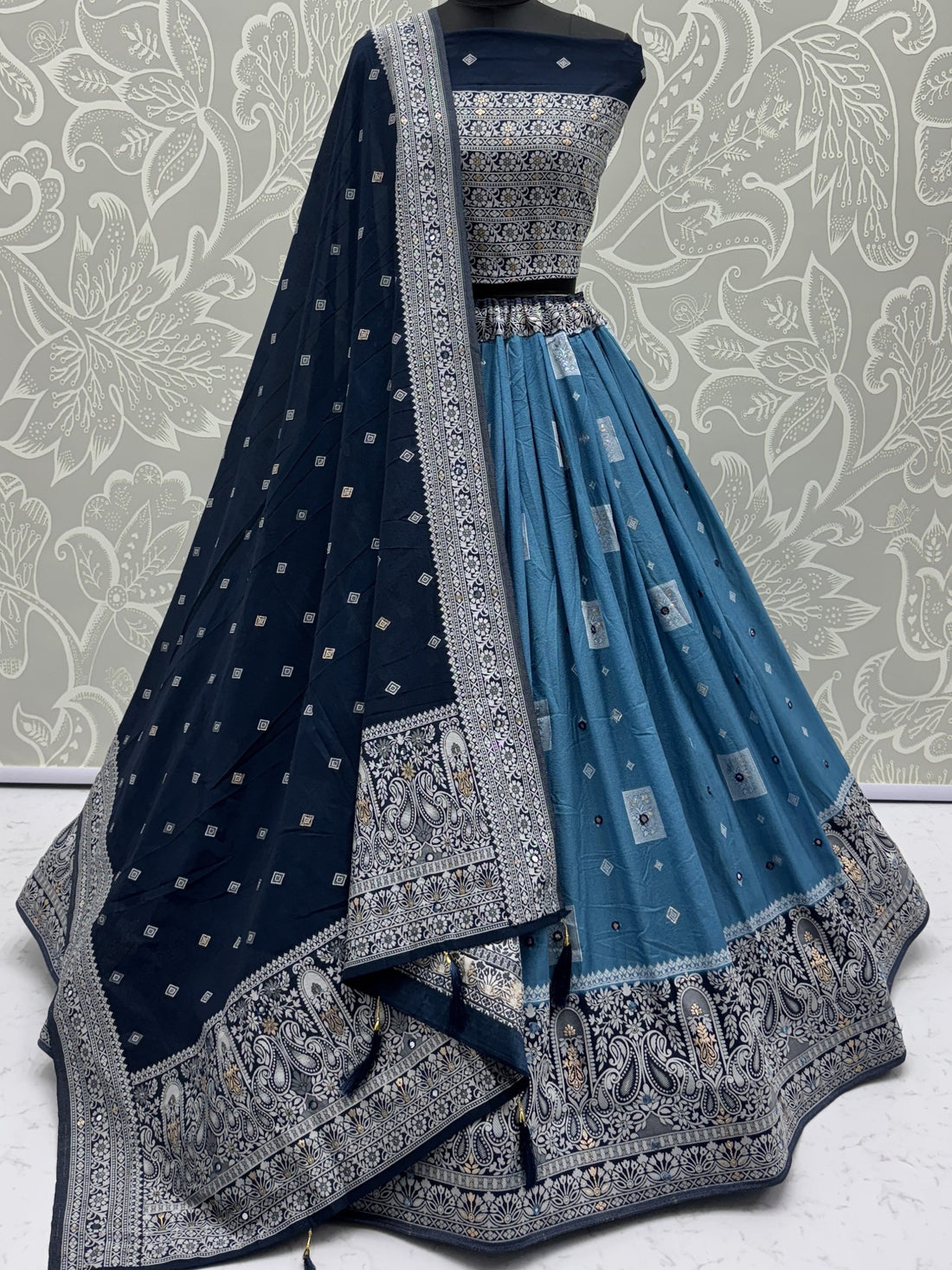 Timeless Sky Blue Mirror Work Georgette Festive Wear Lehenga Choli With Dupatta