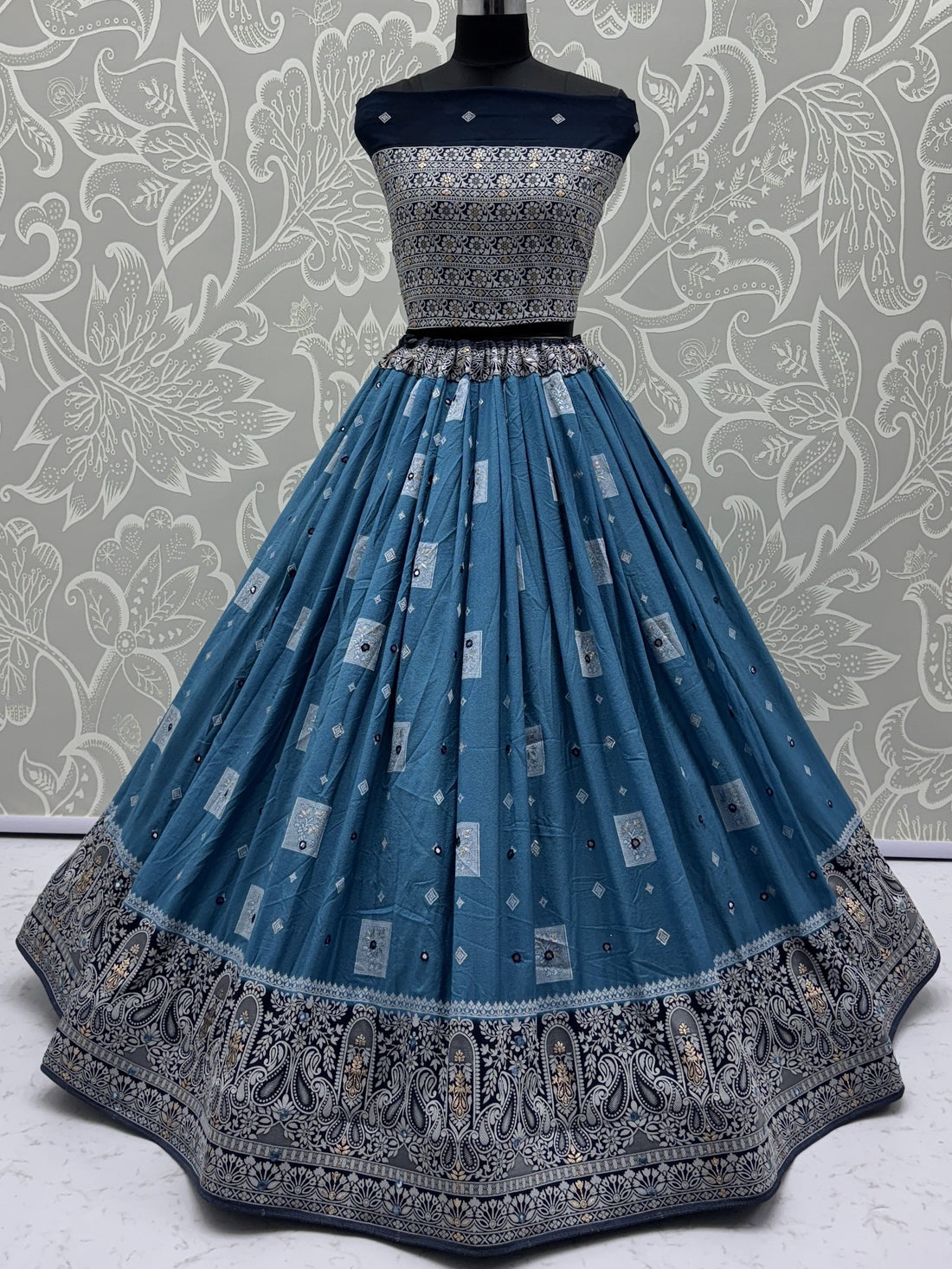 Timeless Sky Blue Mirror Work Georgette Festive Wear Lehenga Choli With Dupatta