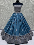 Timeless Sky Blue Mirror Work Georgette Festive Wear Lehenga Choli With Dupatta