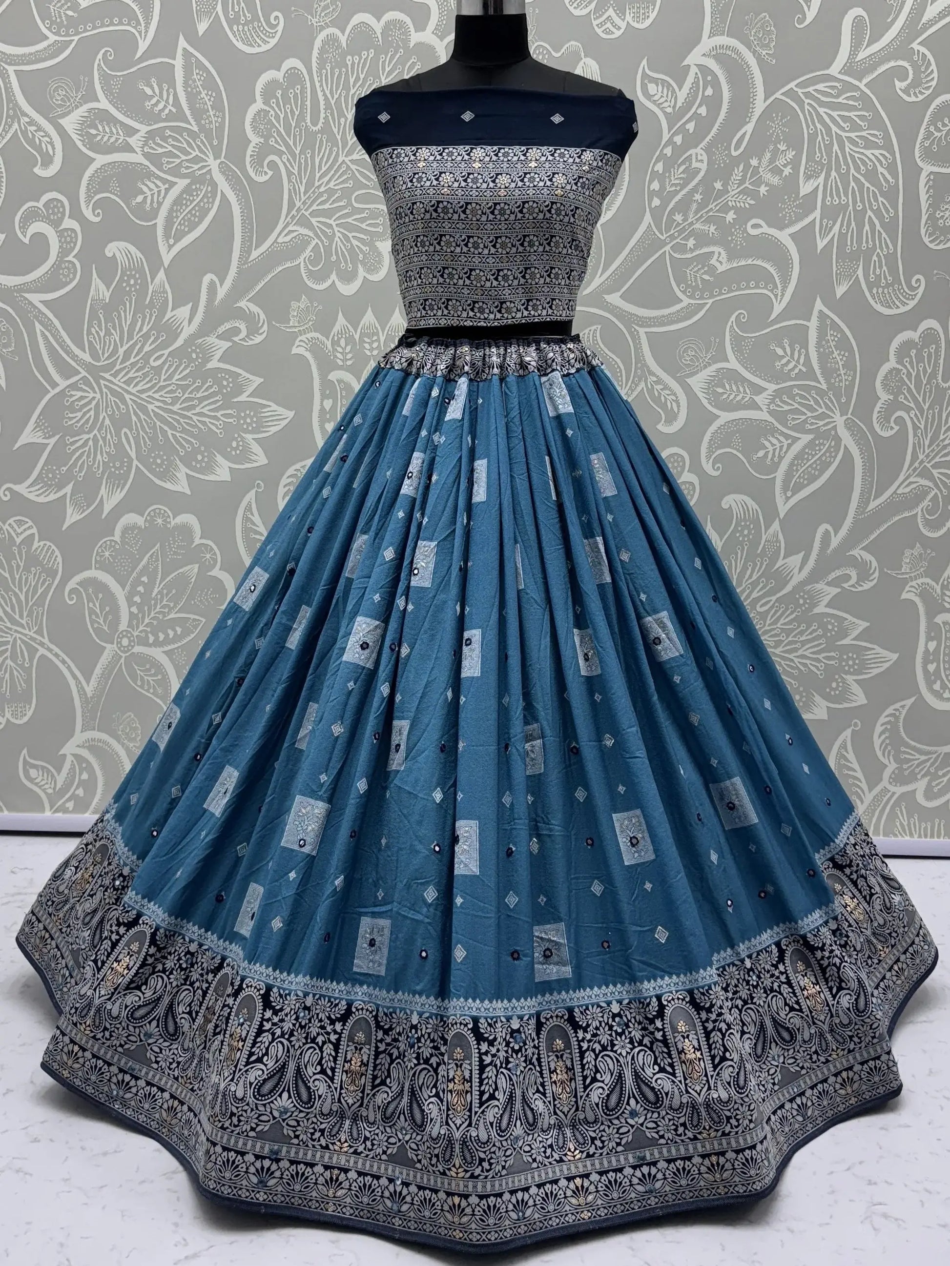 Timeless Sky Blue Mirror Work Georgette Festive Wear Lehenga Choli With Dupatta