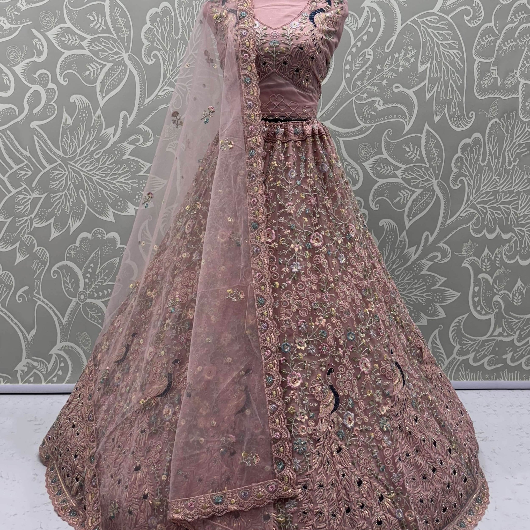 Outstanding Peach Zircon Work Net Bridesmaid Lehenga With Blouse