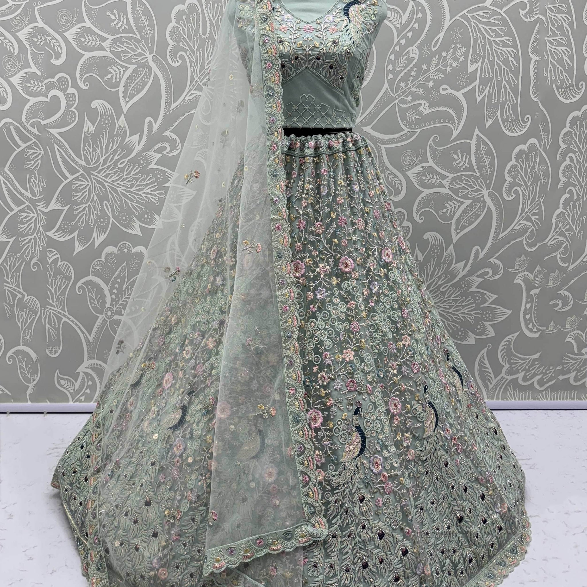 Awesome Sky Blue Sequins Net Wedding Wear Lehenga Choli With Dupatta