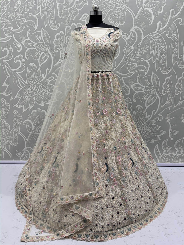 Stupendous White Thread Work Net Reception Wear Lehenga Choli With Dupatta