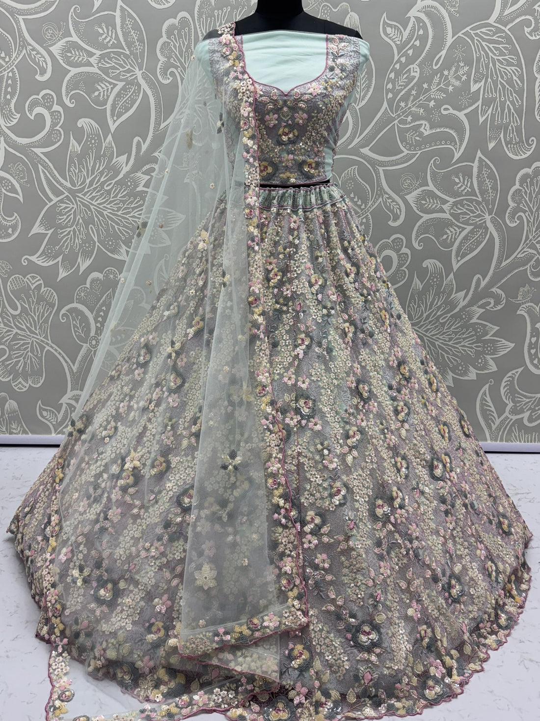 Delightful Green Thread Embroidered Net Designer Lehenga Choli With Dupatta