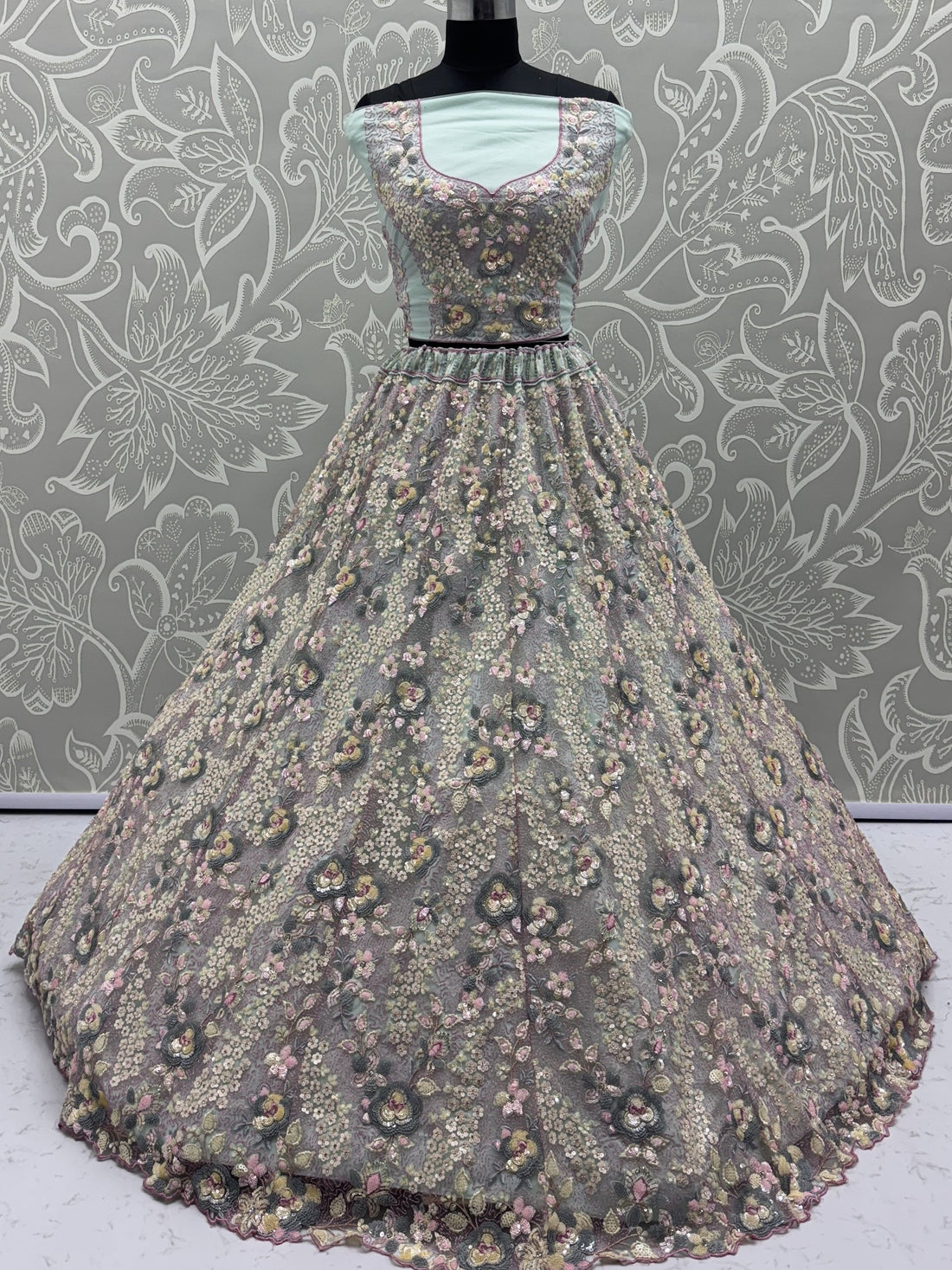 Delightful Green Thread Embroidered Net Designer Lehenga Choli With Dupatta