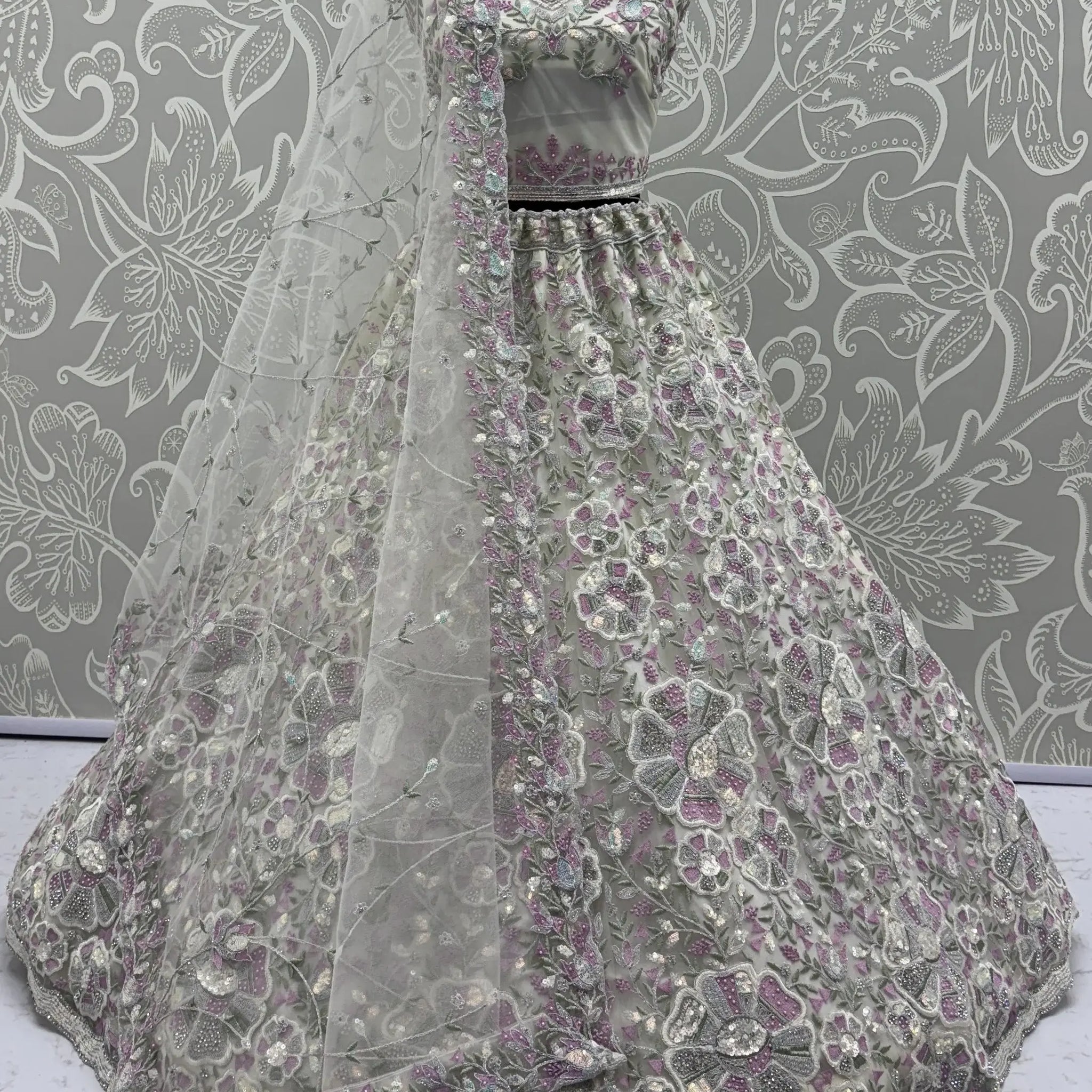 Fabulous White Diamond Work Net Designer Lehenga Choli With Dupatta