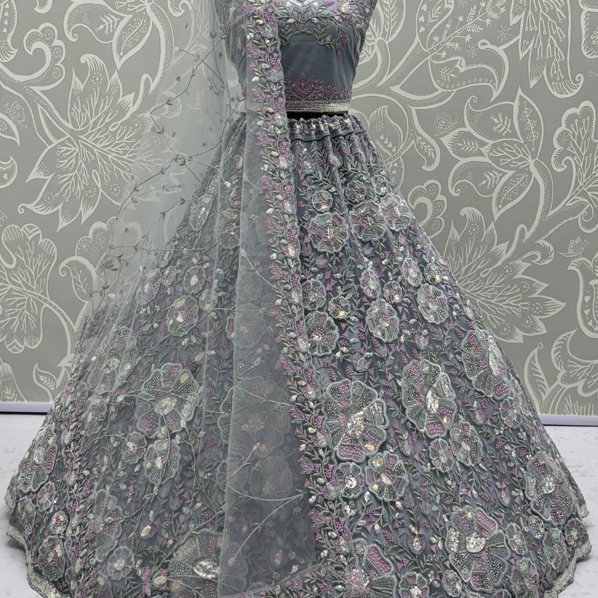 Great Grey Multi Thread Work Net Reception Wear Lehenga Choli With Dupatta