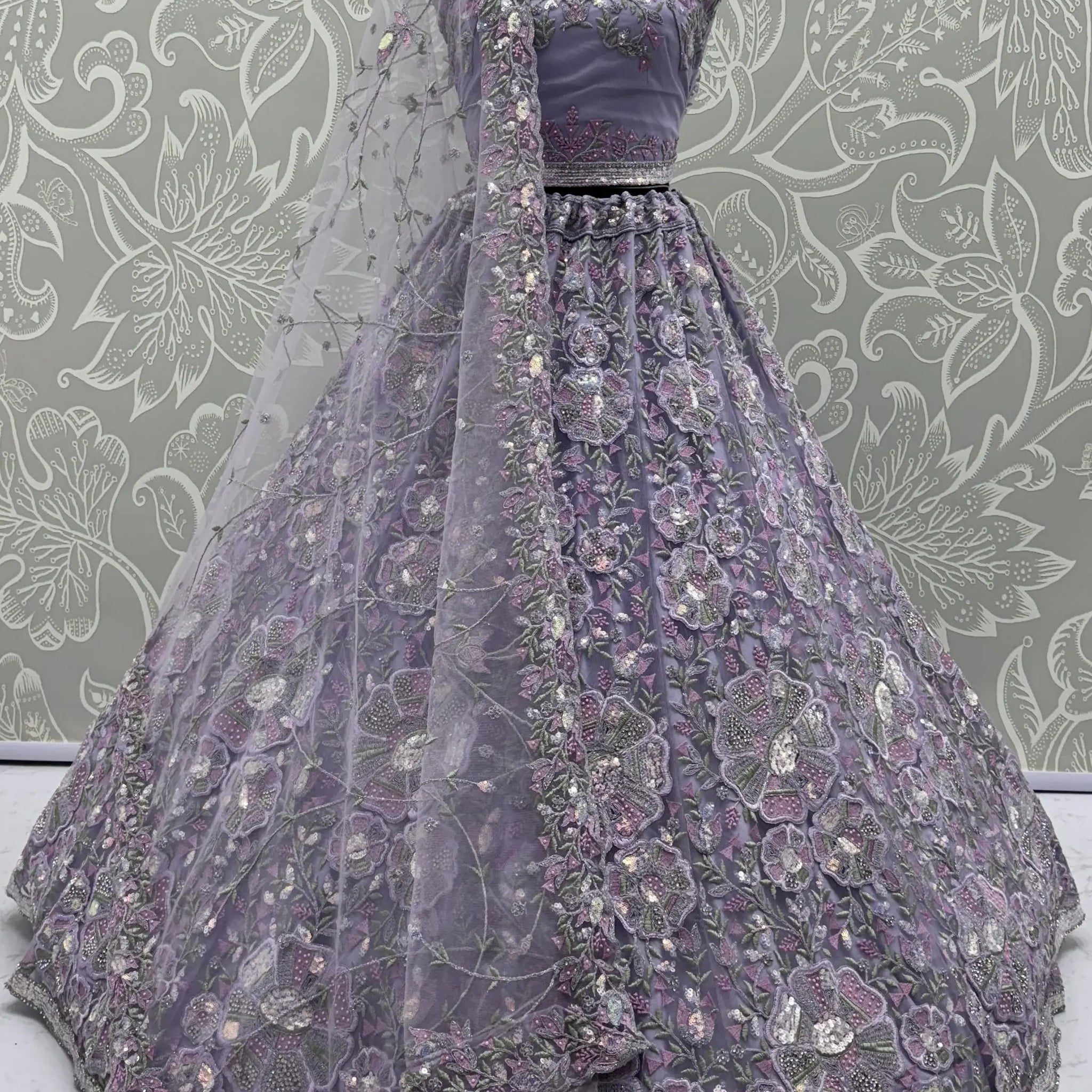 Imposing Lavender Sequins Work Net Wedding Wear Lehenga With Dupatta