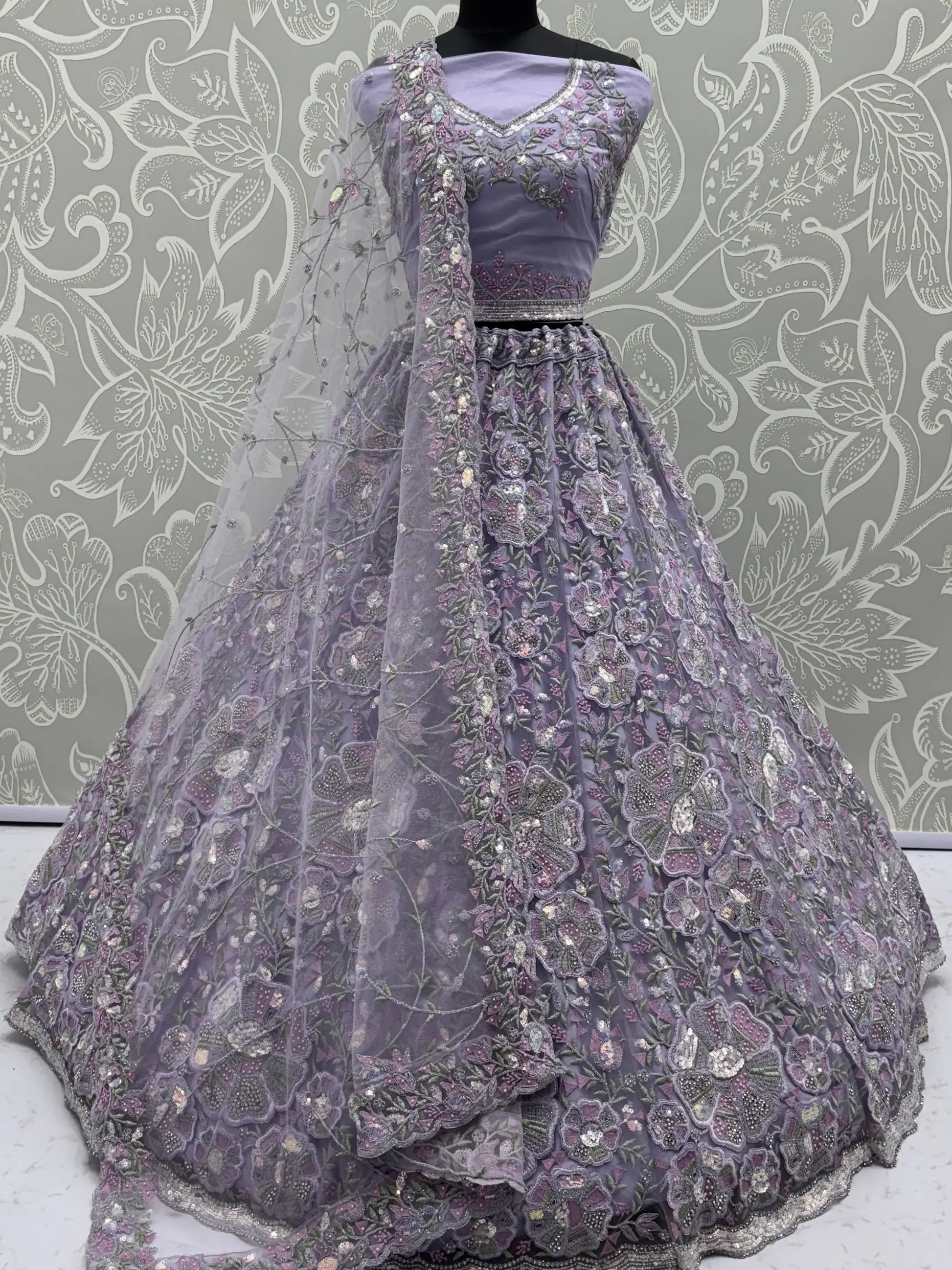 Imposing Lavender Sequins Work Net Wedding Wear Lehenga With Dupatta
