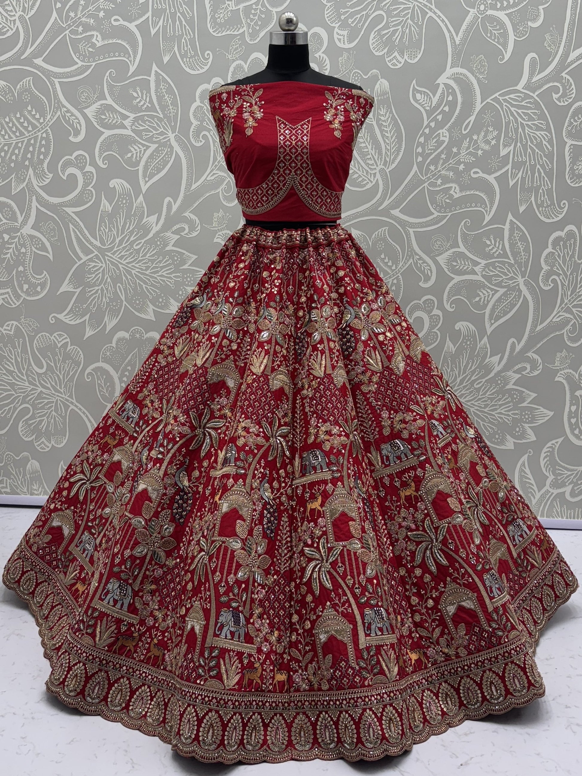 Glamorous Red Dori Embroidery Silk Bridal Lehenga Choli With Double Dupatta
