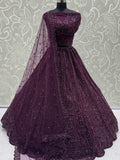 Monochrome Wine Sequins Embroidery Net Sangeet Wear Lehenga Choli