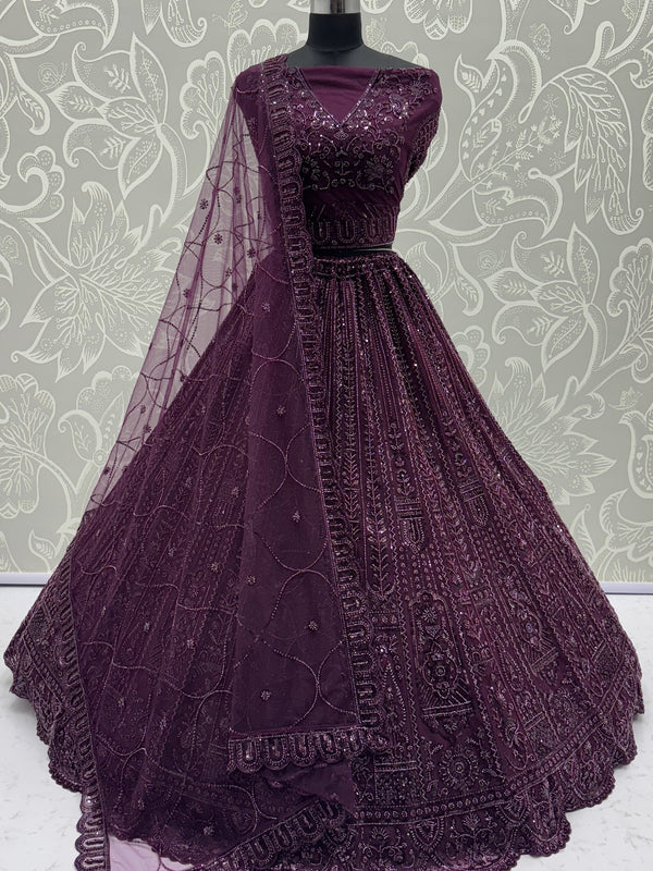 Monochrome Wine Sequins Embroidery Net Sangeet Wear Lehenga Choli