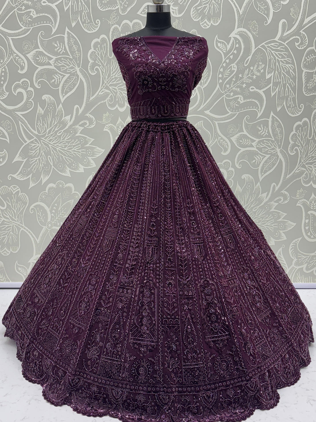 Monochrome Wine Sequins Embroidery Net Sangeet Wear Lehenga Choli