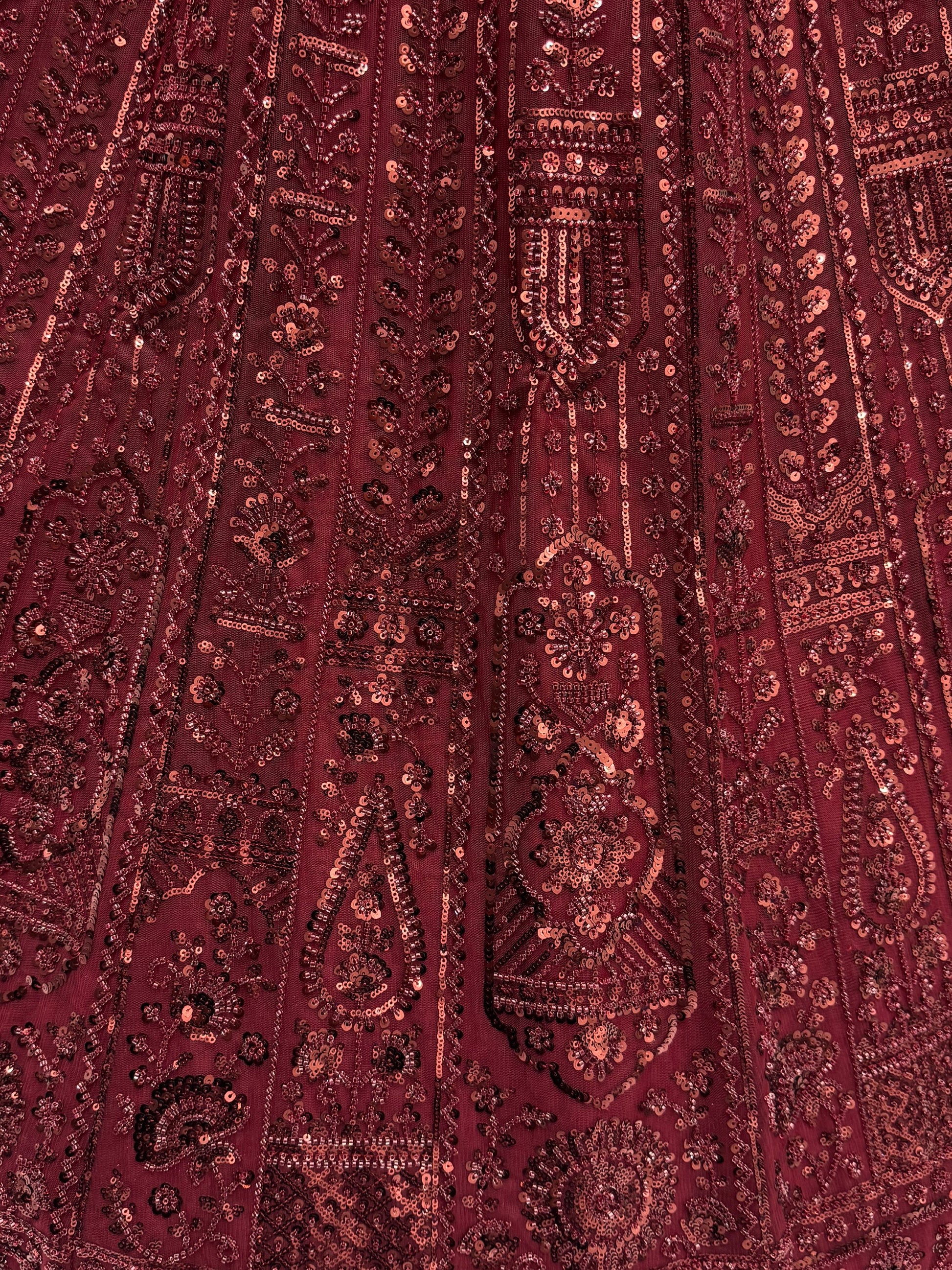 Stellar Maroon Thread Work Net Bridal Lehenga Choli With Dupatta