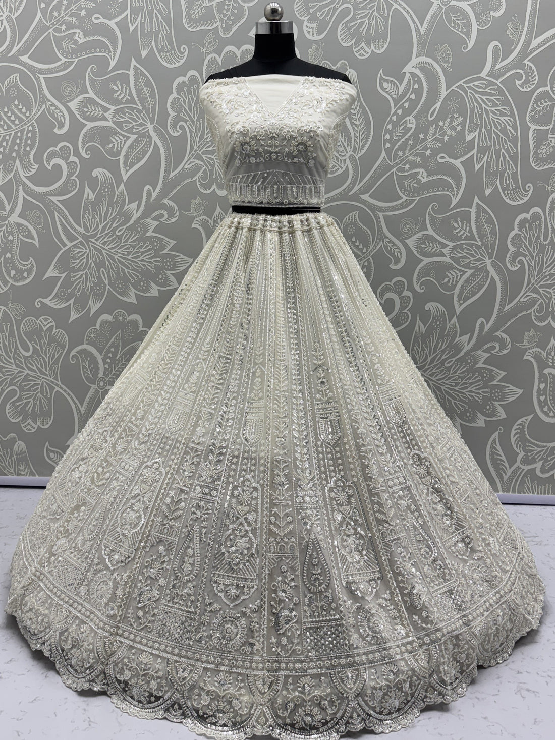 Gorgeous White Moti Work Net Engagement Wear Lehenga Choli With Dupatta