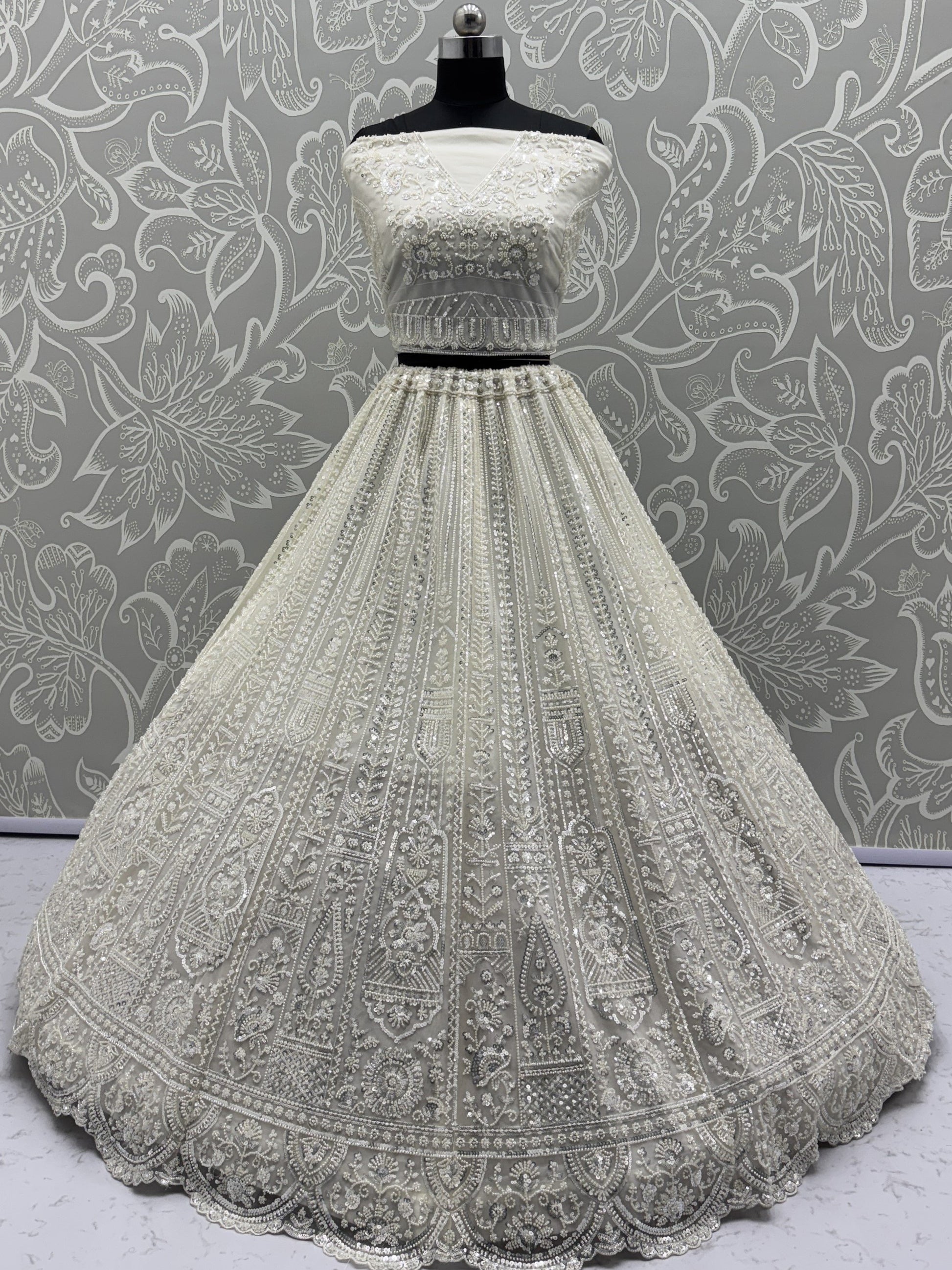 Gorgeous White Moti Work Net Engagement Wear Lehenga Choli With Dupatta