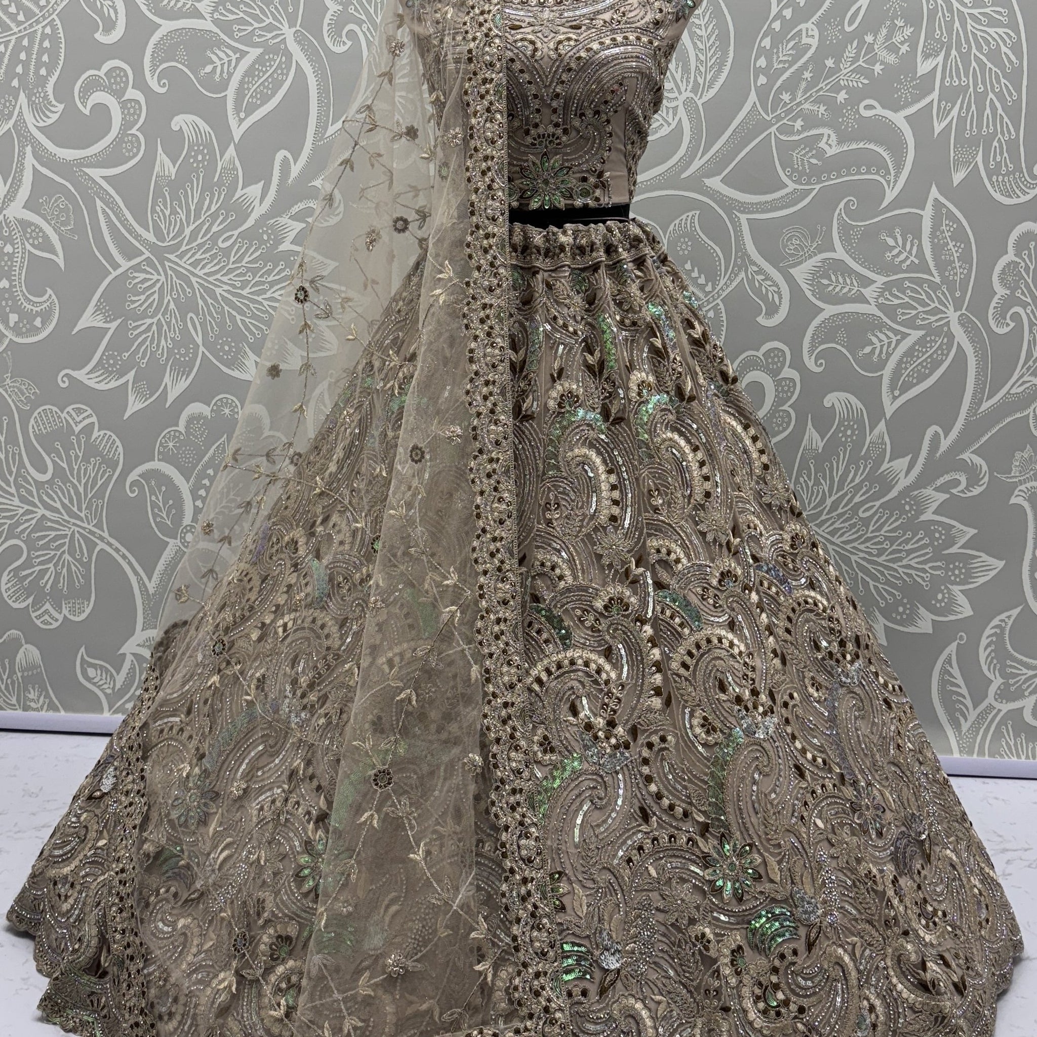 Sweet Beige Zircon Diamond Net Reception Wear Lehenga Choli With Dupatta
