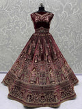 Attractive Maroon Dori Embroidery Velvet Bridal Lehenga Choli With Double Dupatta